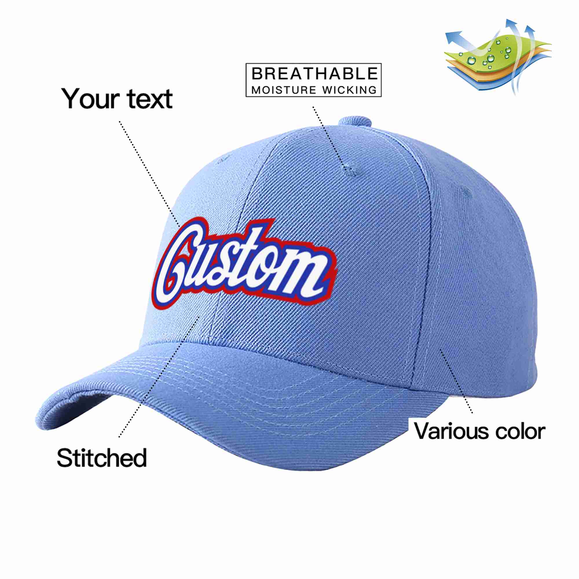 Conception personnalisée de casquette de baseball de sport courbée bleu ciel blanc-royal pour hommes/femmes/jeunes