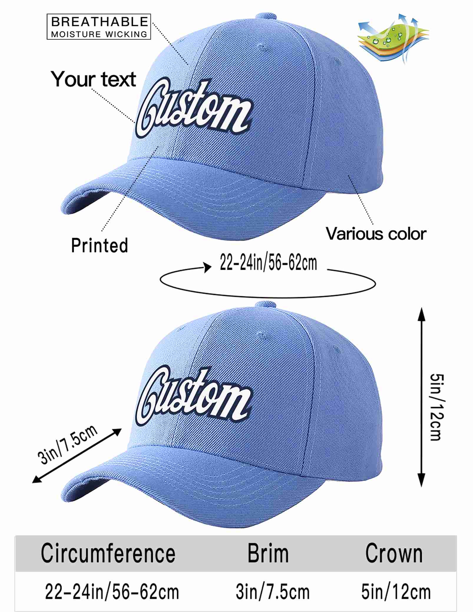 Conception personnalisée de casquette de baseball de sport incurvée bleu ciel blanc-marine pour hommes/femmes/jeunes