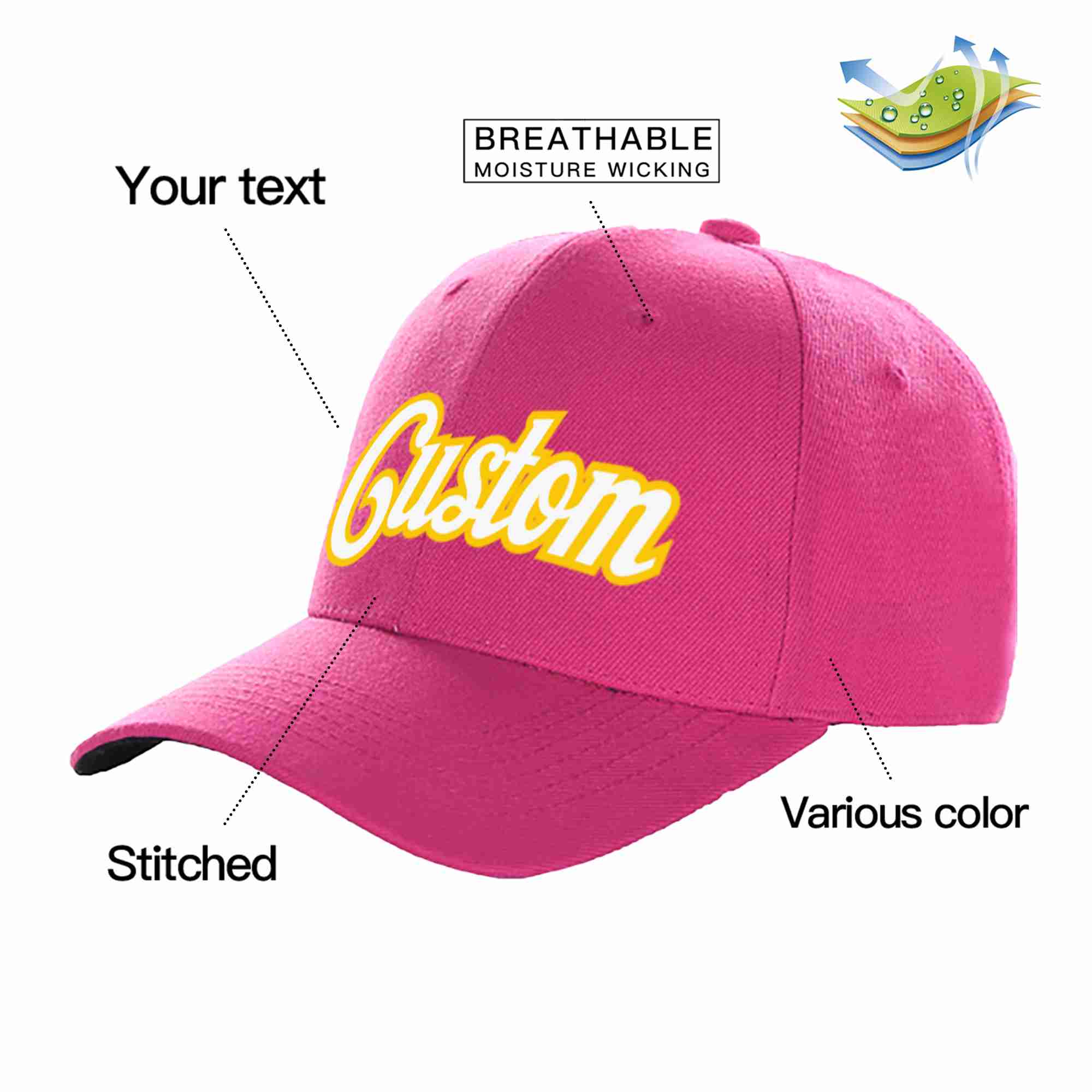 Conception personnalisée de casquette de baseball incurvée Eaves Sport Rose rouge blanc-or pour hommes/femmes/jeunes