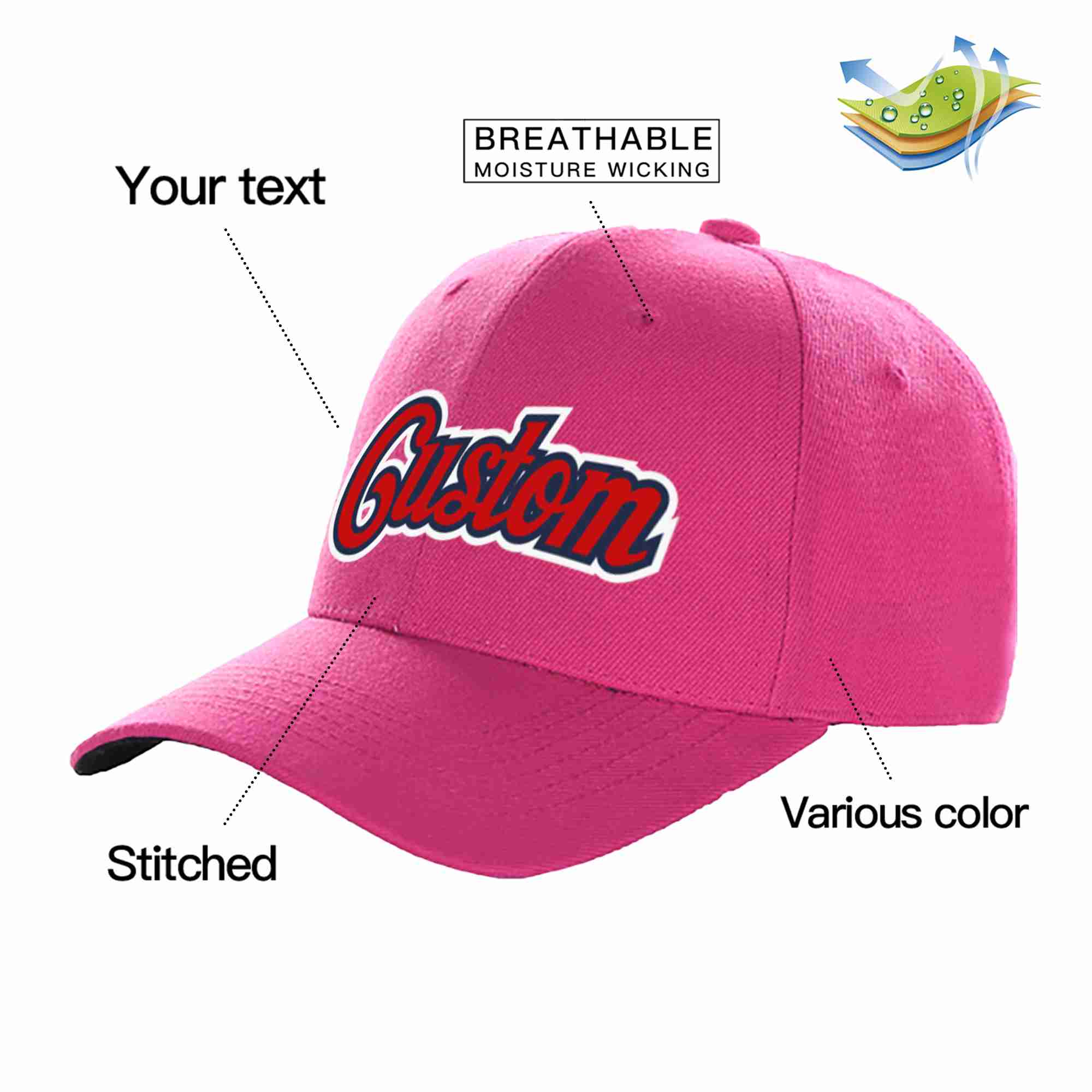 Conception personnalisée de casquette de baseball de sport à avant-toit incurvé rouge-marine rouge rose pour hommes/femmes/jeunes