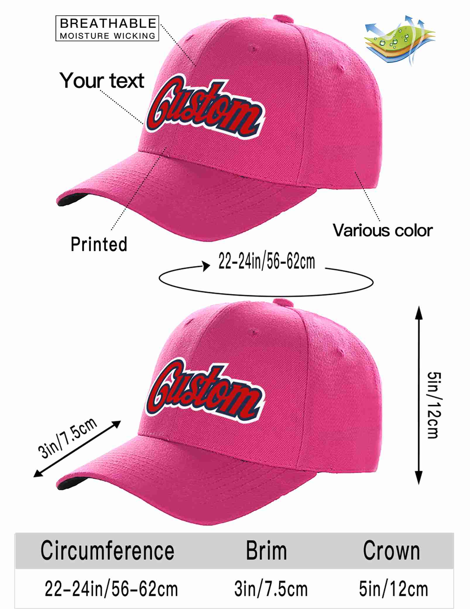 Conception personnalisée de casquette de baseball de sport à avant-toit incurvé rouge-marine rouge rose pour hommes/femmes/jeunes