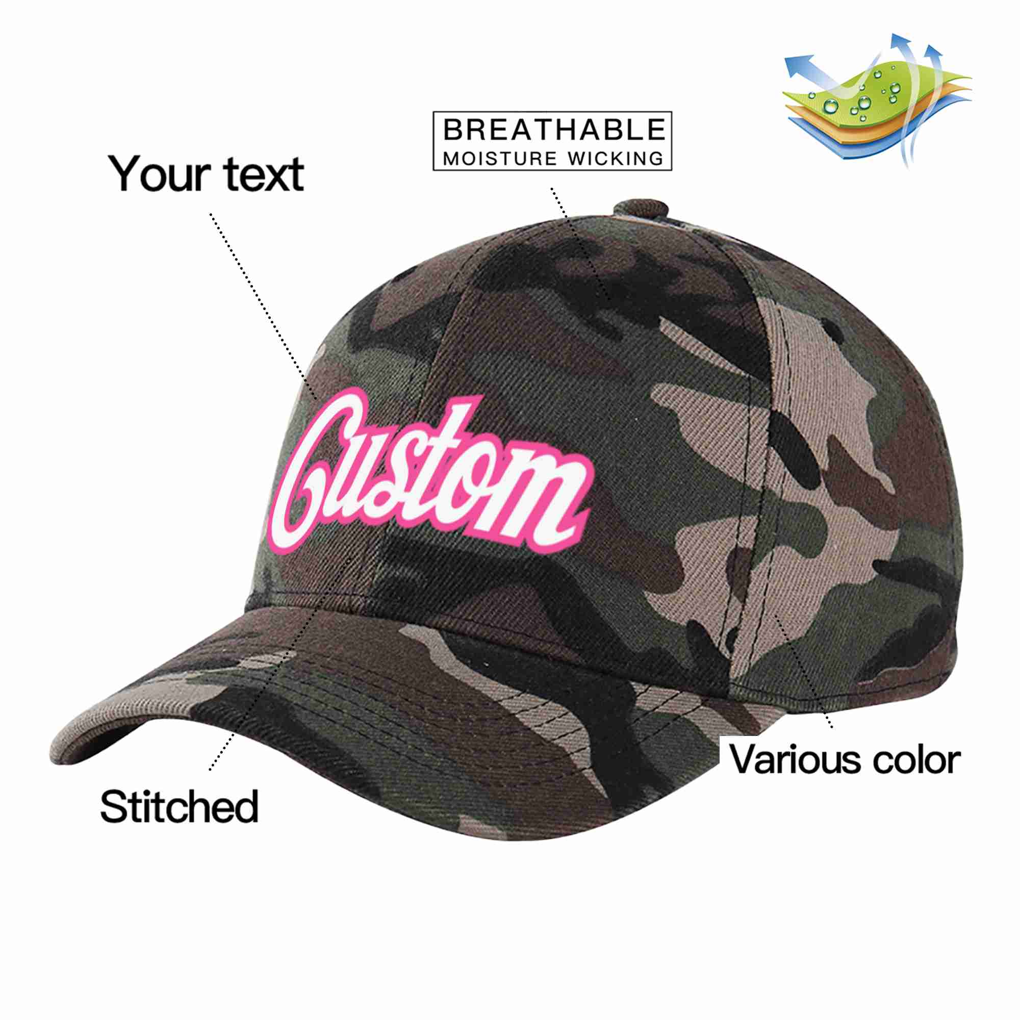 Conception de casquette de baseball de sport à avant-toit incurvé blanc-rose camouflage personnalisé pour hommes/femmes/jeunes