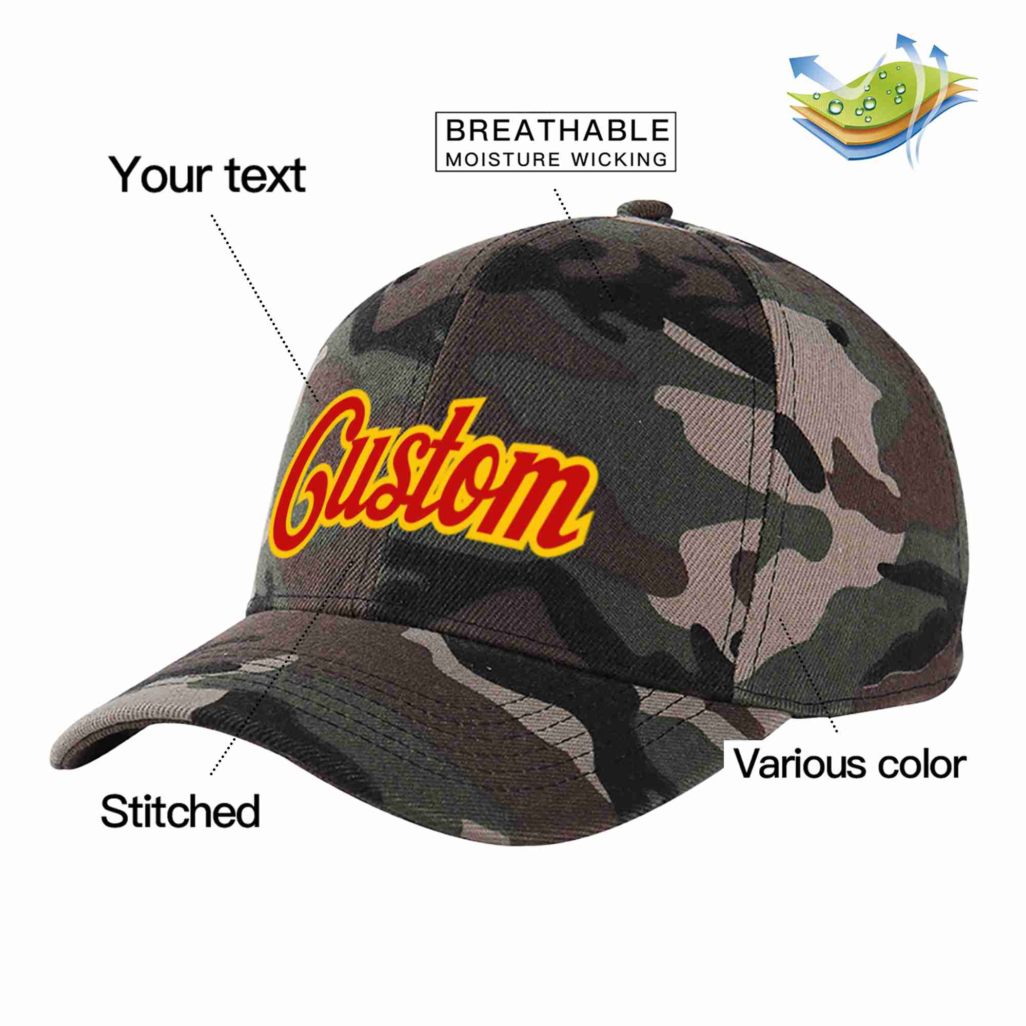 Custom Camo Red-Yellow Curved Eaves Sport Baseball Cap Design for Men/Women/Youth