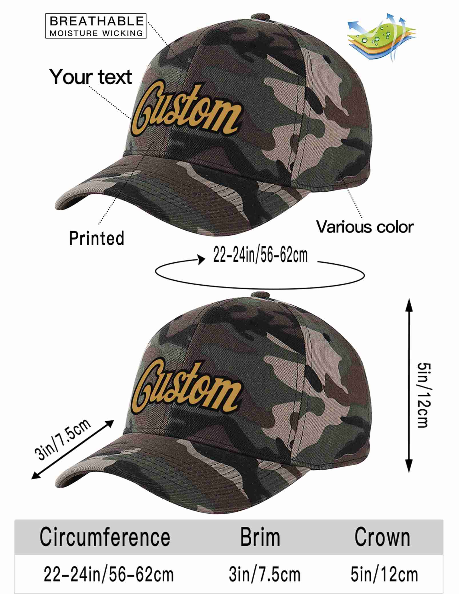 Custom Camo Old Gold-Black Curved Eaves Sport Baseball Cap Design for Men/Women/Youth