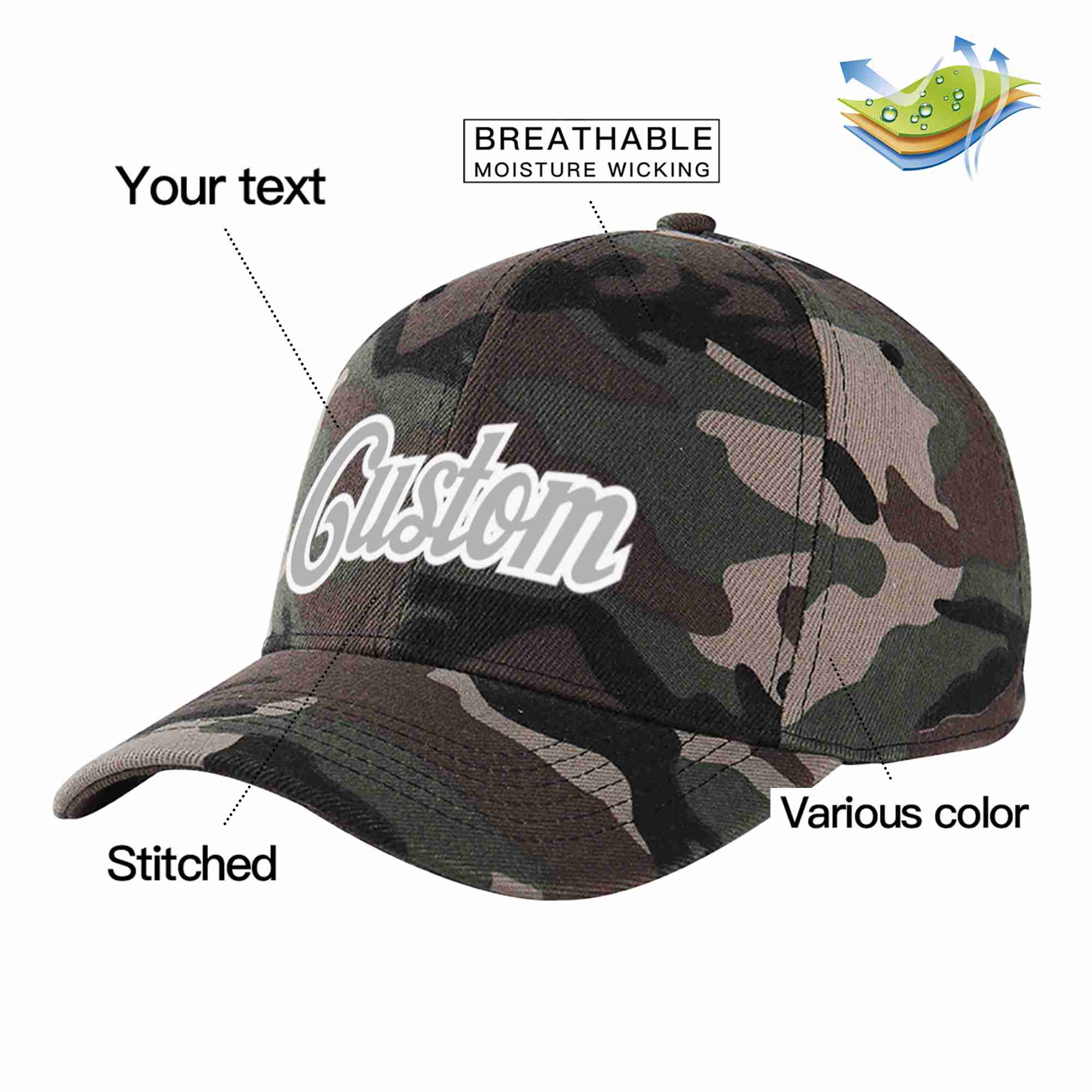 Casquette de baseball de sport incurvée gris-blanc camouflage personnalisée pour hommes/femmes/jeunes