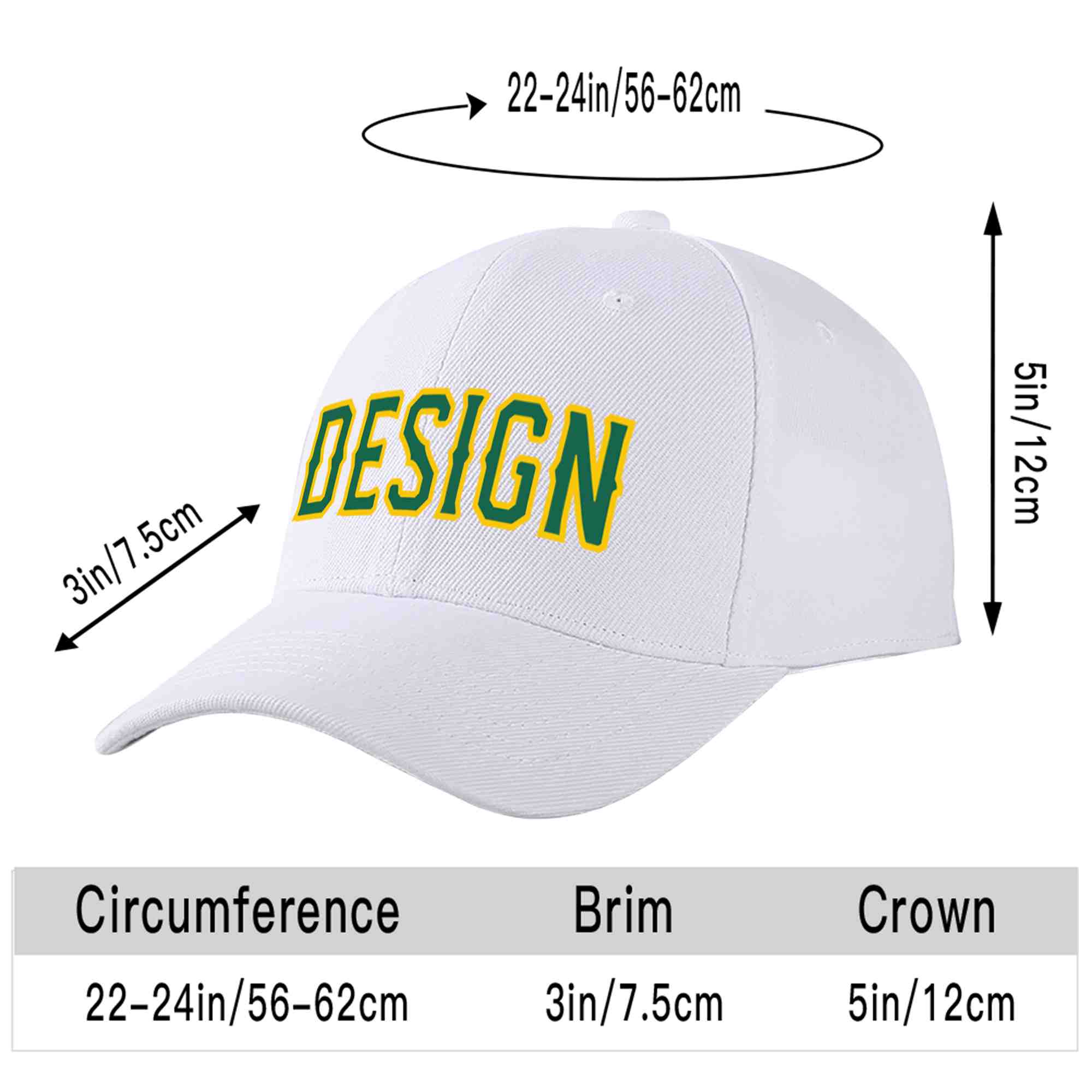 Casquette de baseball personnalisée blanche Kelly vert-jaune courbée Eaves Sport Design