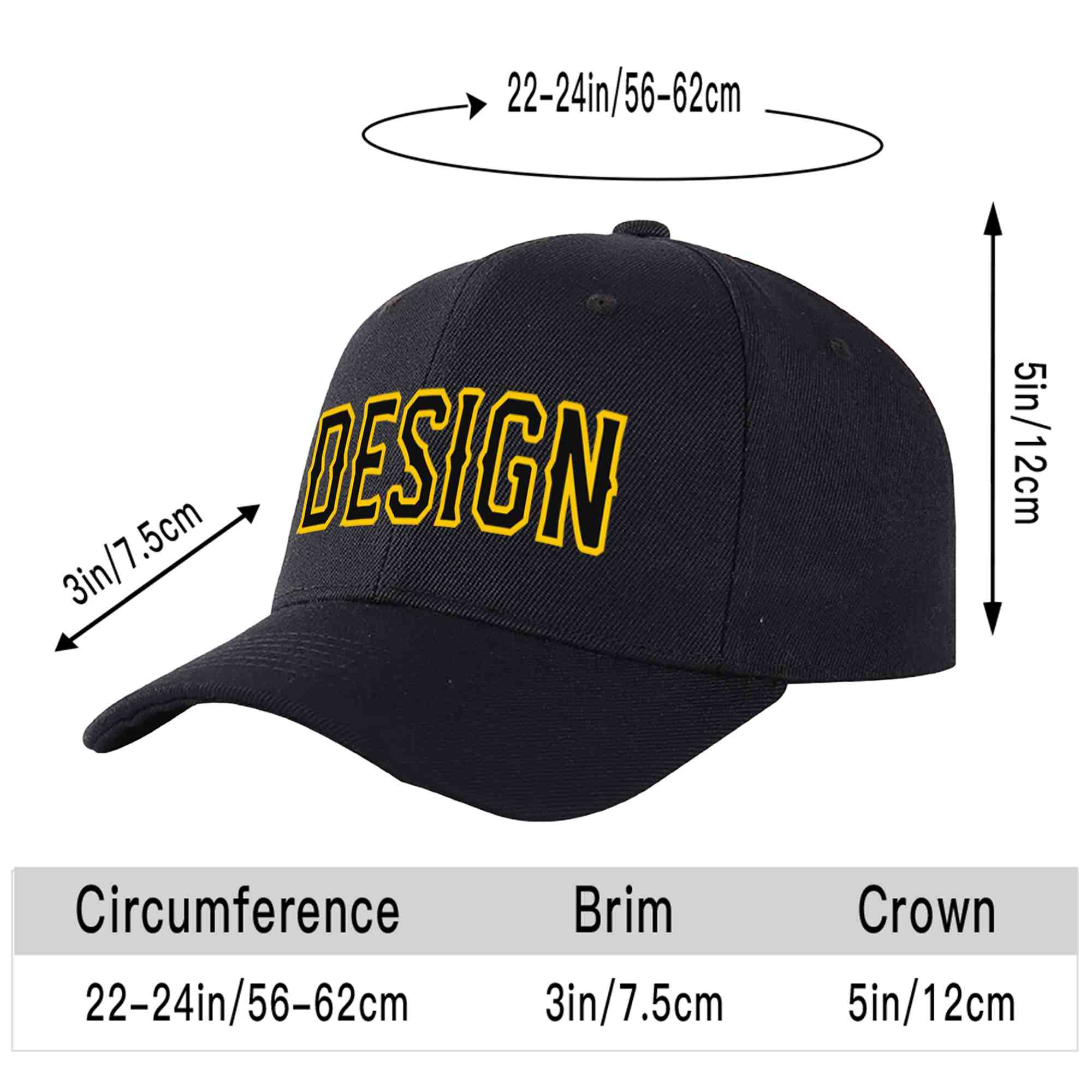 Custom Black Black-Gold Curved Eaves Sport Design Baseball Cap