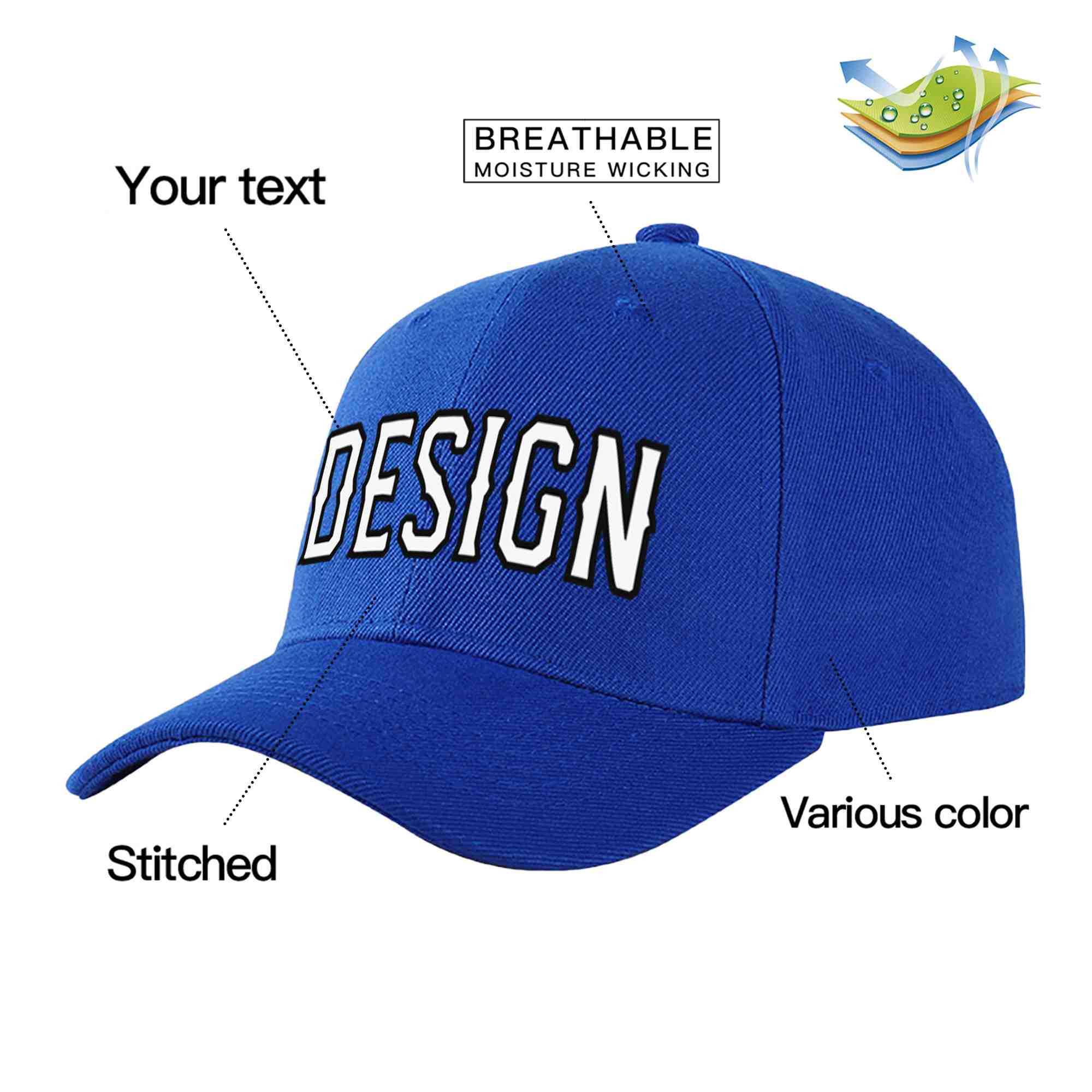 Custom Royal White-Black Curved Eaves Sport Design Baseball Cap