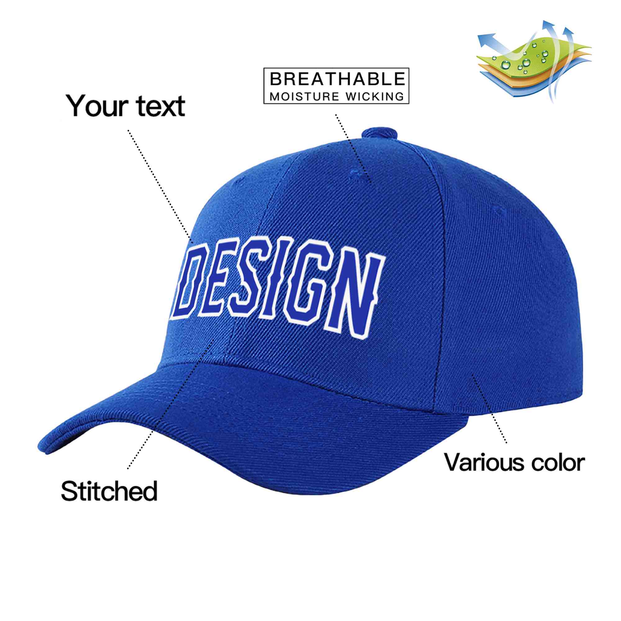 Custom Royal Royal-White Curved Eaves Sport Design Baseball Cap