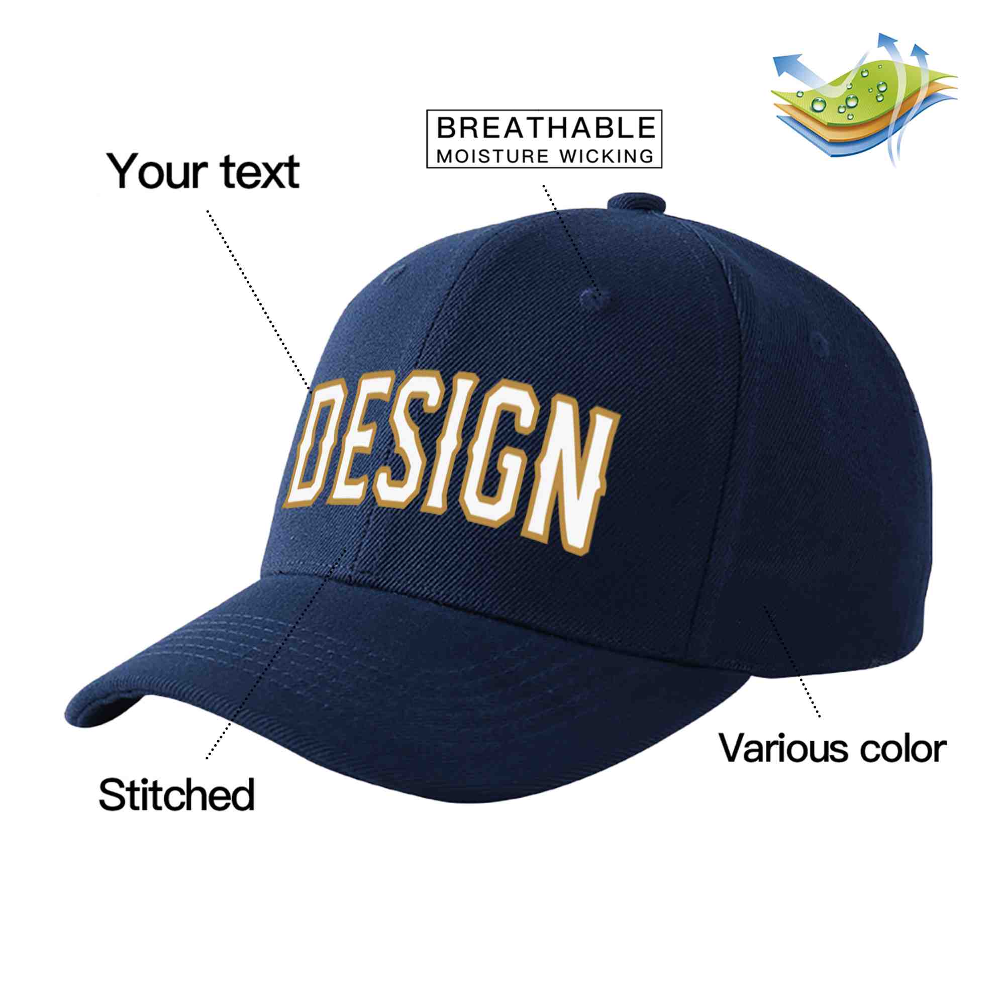 Casquette de baseball personnalisée bleu marine-vieil or incurvée avec avant-toit et design sportif