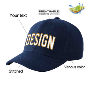 Custom Navy White-Old Gold Curved Eaves Sport Design Baseball Cap