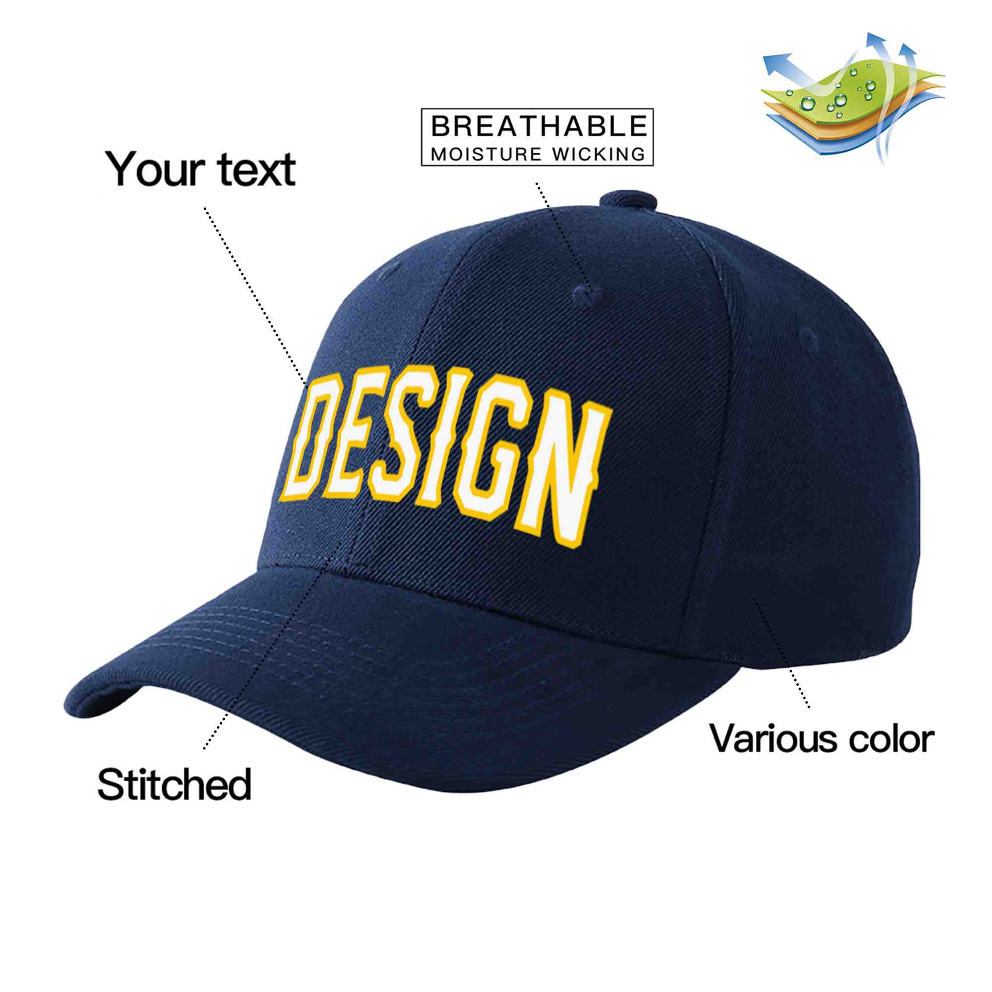 Custom Navy White-Gold Curved Eaves Sport Design Baseball Cap