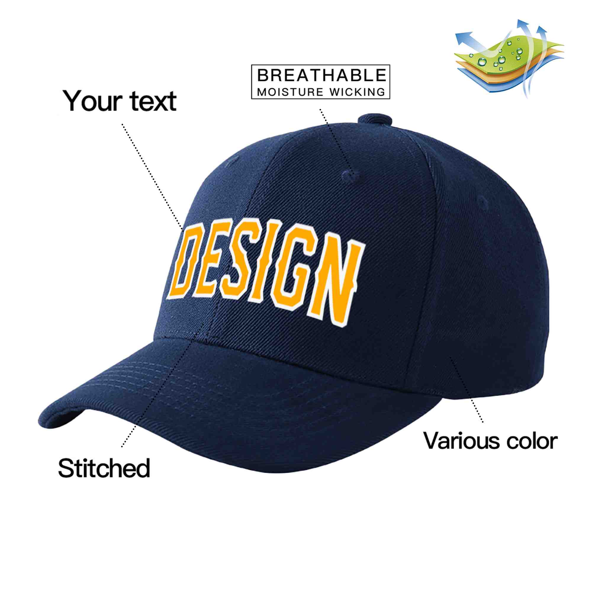 Custom Navy Yellow-White Curved Eaves Sport Design Baseball Cap