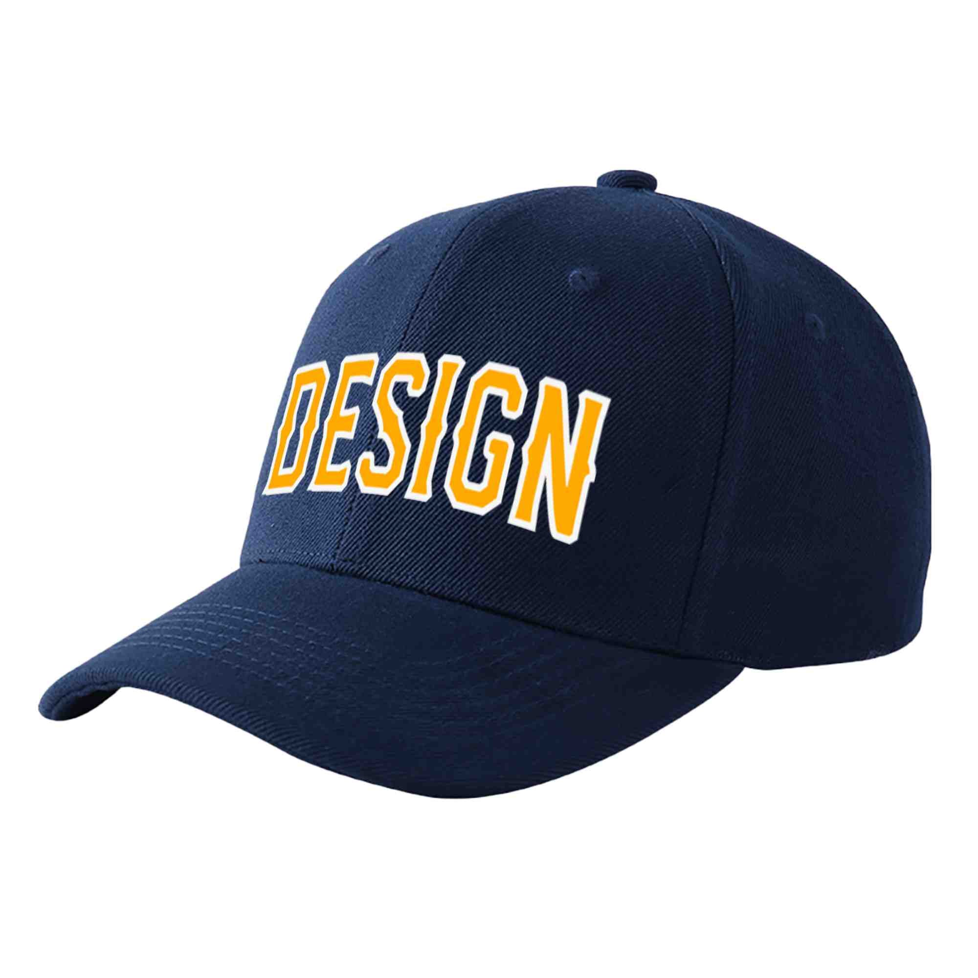 Custom Navy Yellow-White Curved Eaves Sport Design Baseball Cap