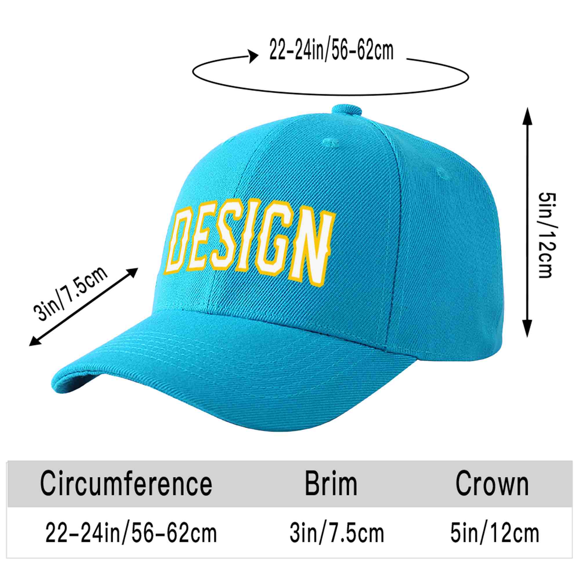 Custom Aqua White-Gold Curved Eaves Sport Design Baseball Cap