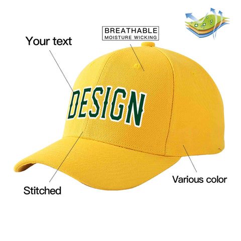 Custom Gold Green-White Curved Eaves Sport Design Baseball Cap