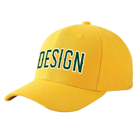 Custom Gold Green-White Curved Eaves Sport Design Baseball Cap