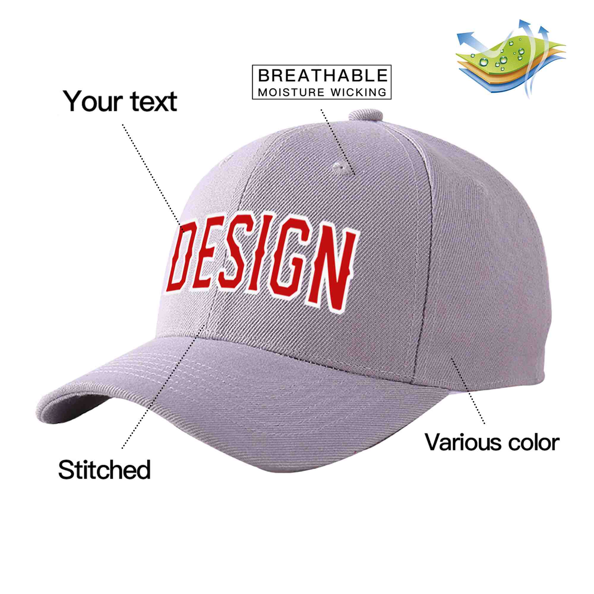 Casquette de baseball incurvée personnalisée gris rouge-blanc avec avant-toit