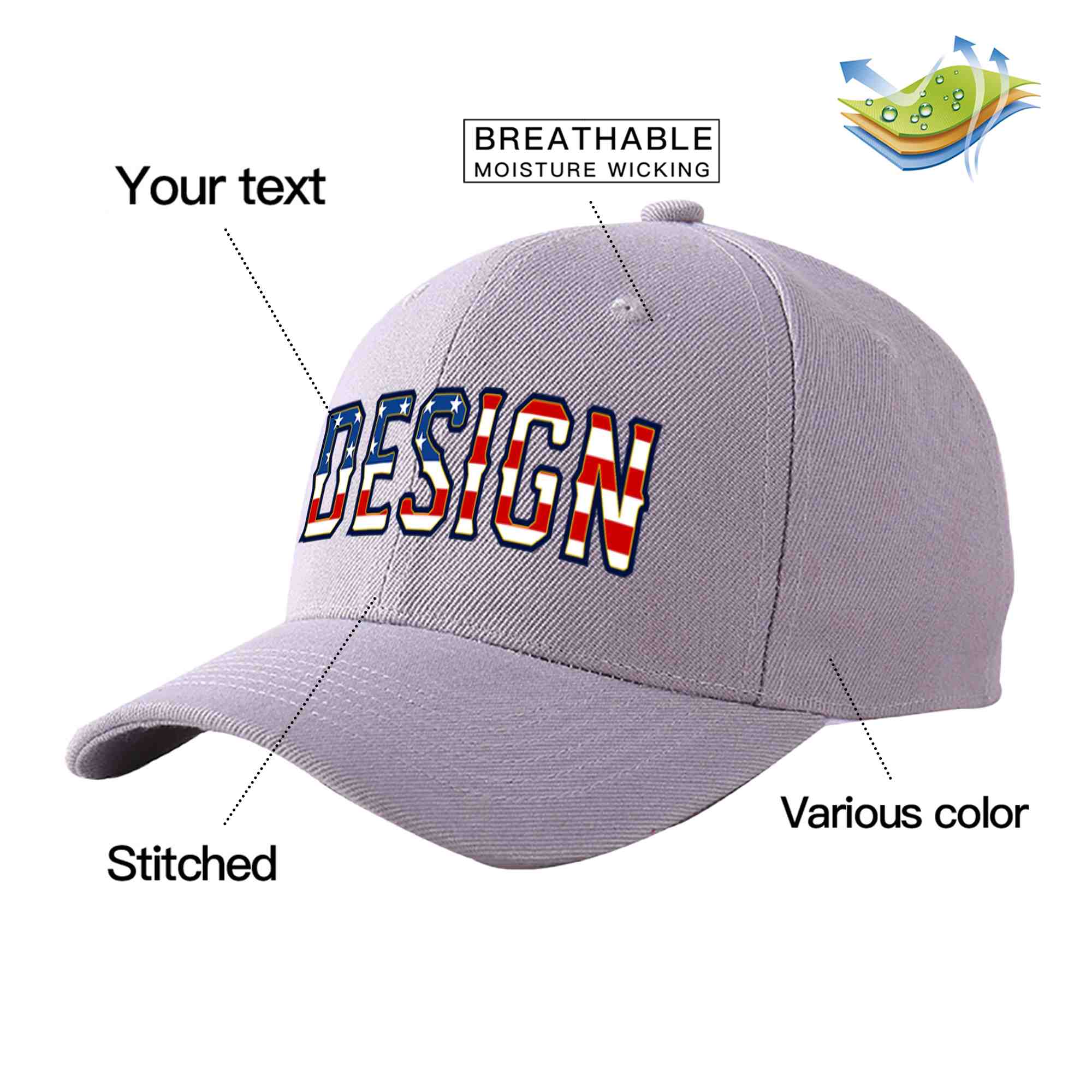 Custom Gray Vintage USA Flag-Gold Curved Eaves Sport Design Baseball Cap