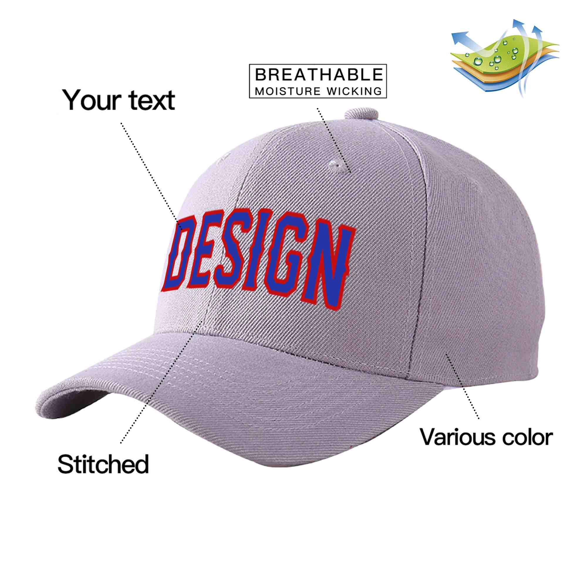 Custom Gray Royal-Red Curved Eaves Sport Design Baseball Cap