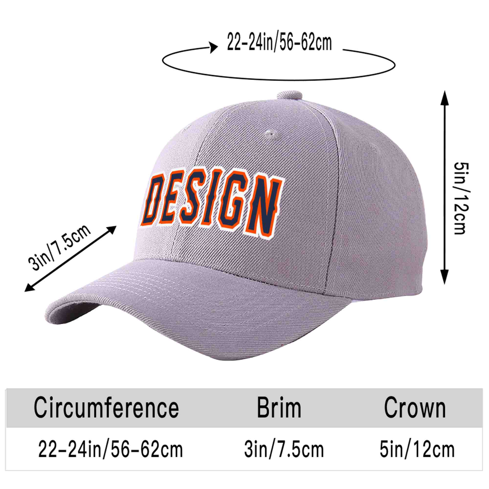 Custom Gray Navy-Orange Curved Eaves Sport Design Baseball Cap