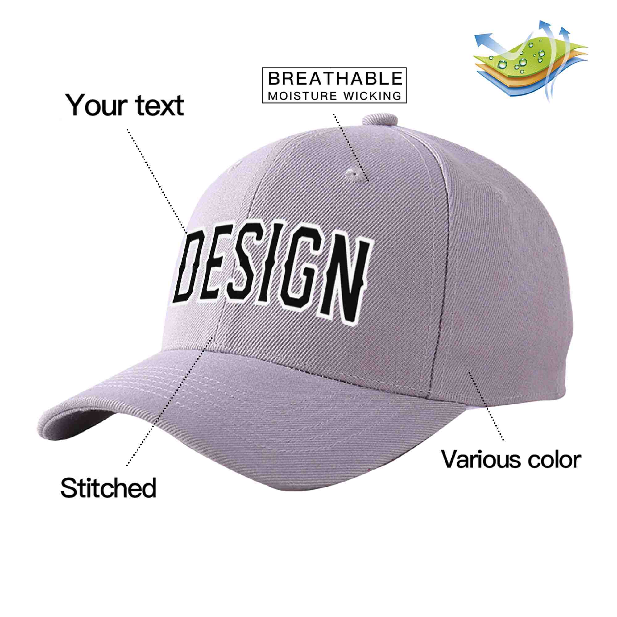 Custom Gray Black-White Curved Eaves Sport Design Baseball Cap