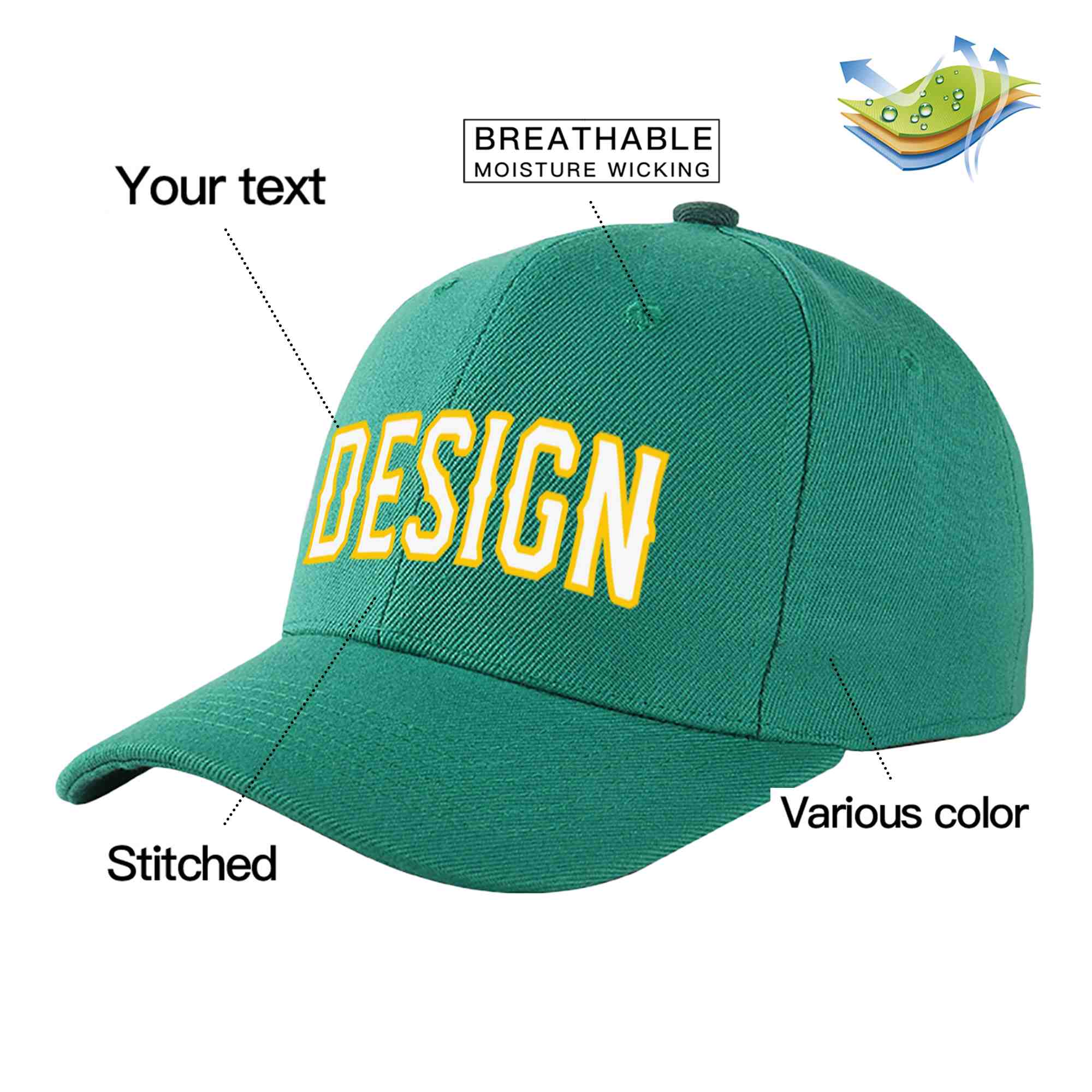 Custom Light Green White-Gold Curved Eaves Sport Design Baseball Cap