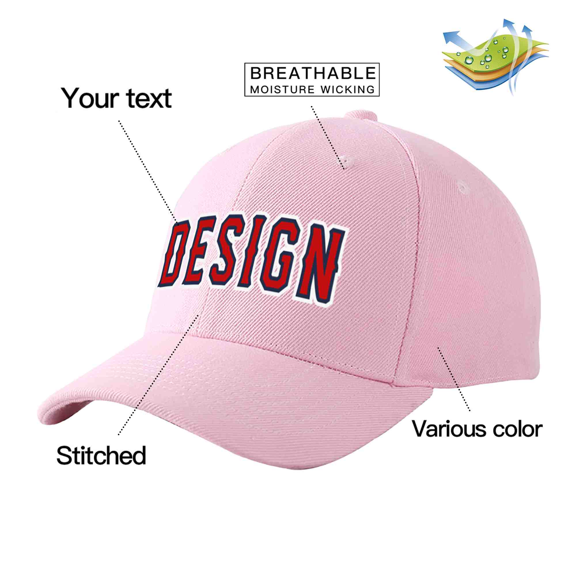 Casquette de baseball personnalisée rose rouge-bleu marine avec design sportif incurvé