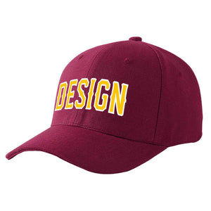 Custom Red Wine Gold-White Curved Eaves Sport Design Baseball Cap