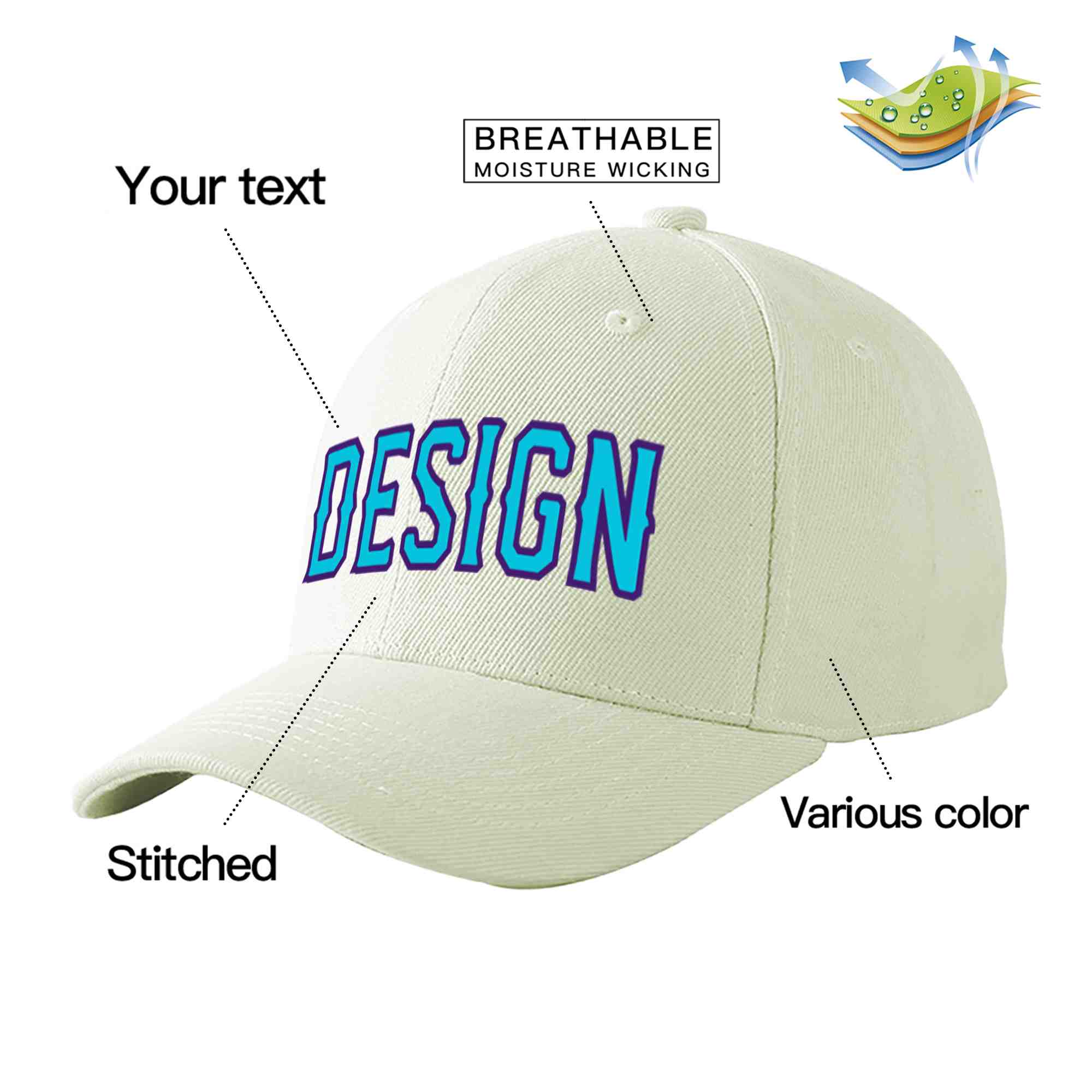 Custom Cream Light Blue-Purple Curved Eaves Sport Design Baseball Cap