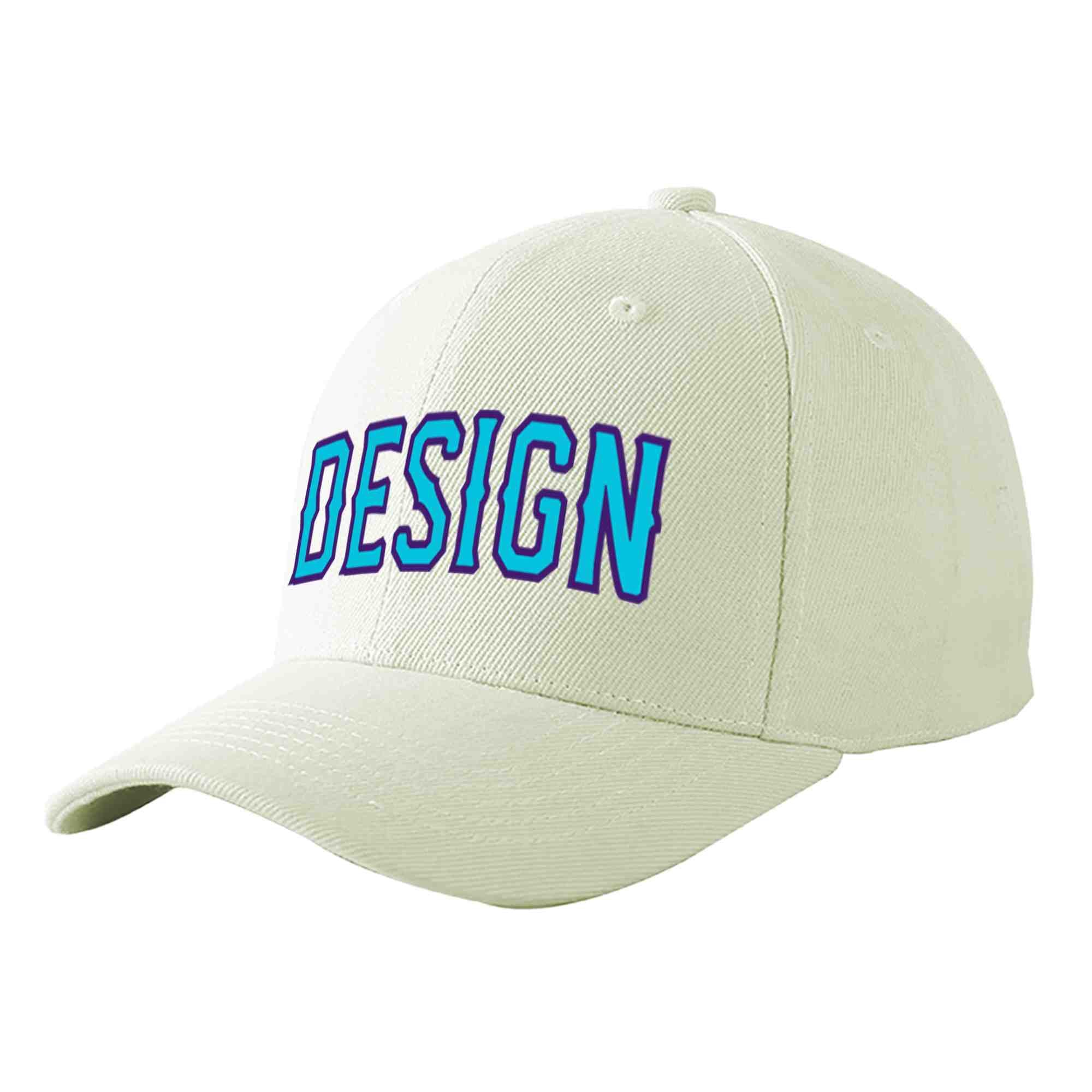 Custom Cream Light Blue-Purple Curved Eaves Sport Design Baseball Cap