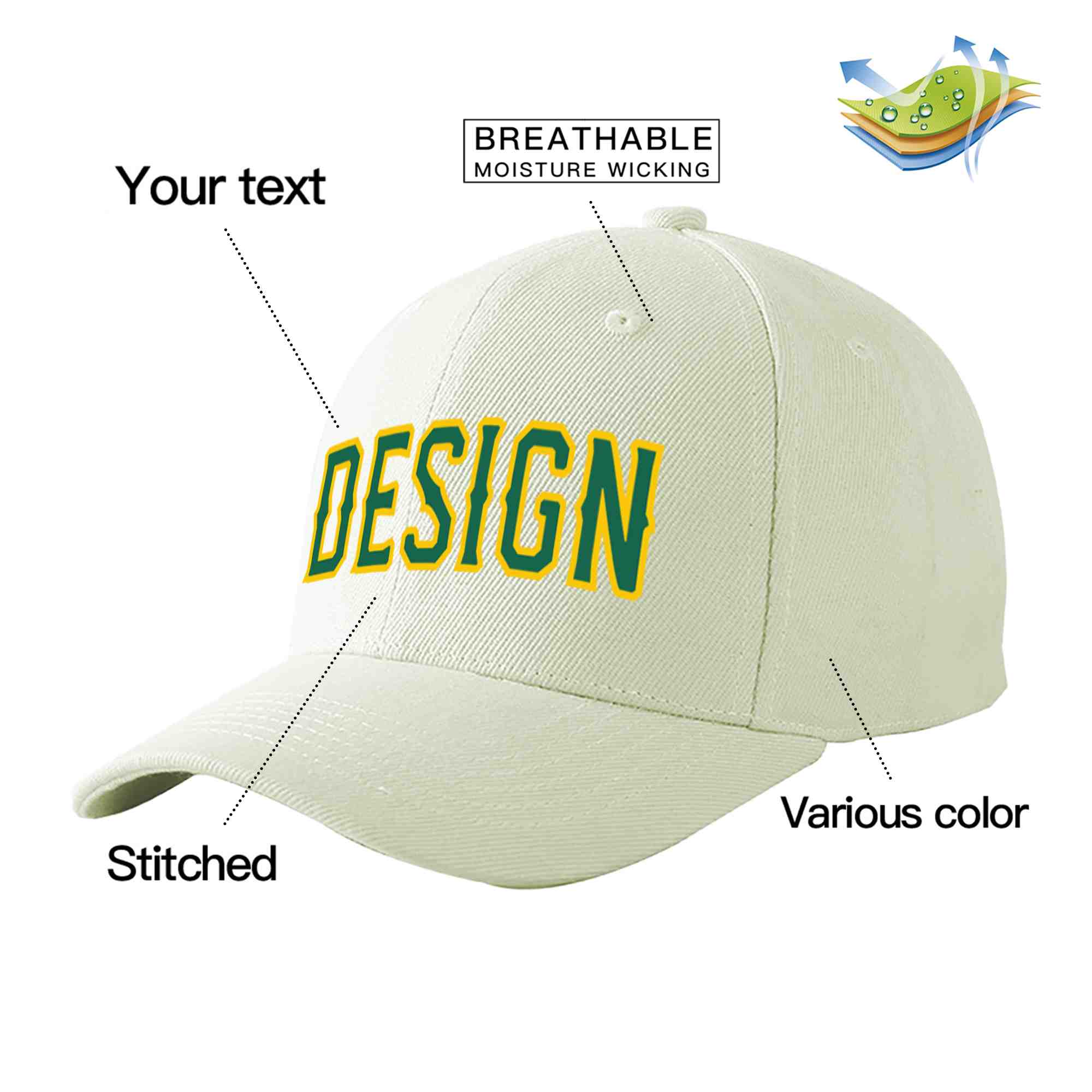 Casquette de baseball personnalisée crème Kelly vert-or courbée Eaves Sport Design