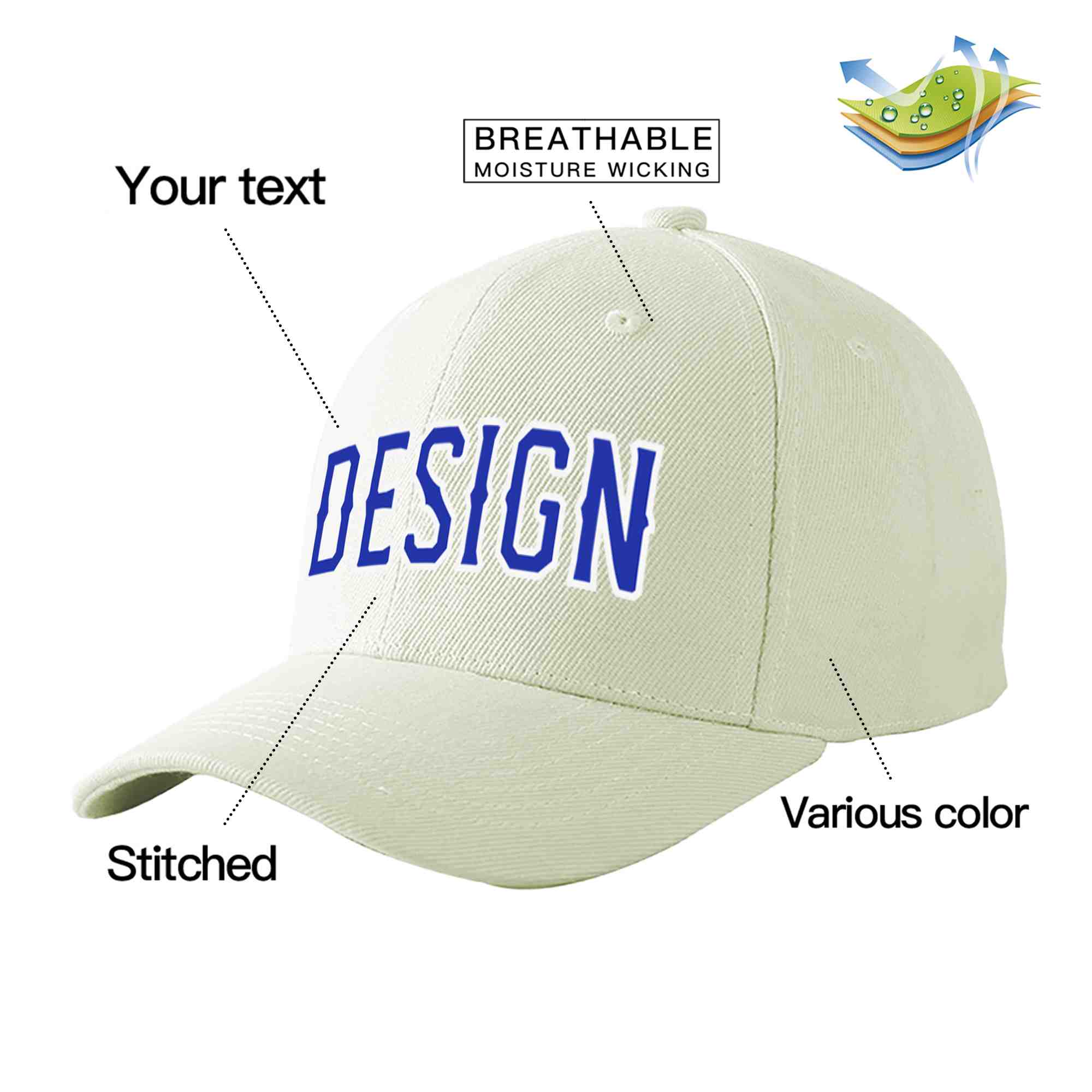 Custom Cream Royal-White Curved Eaves Sport Design Baseball Cap