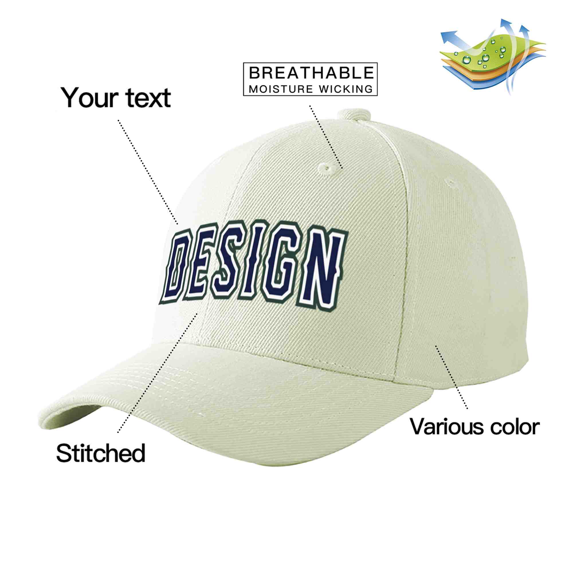 Custom Cream Navy-White Curved Eaves Sport Design Baseball Cap