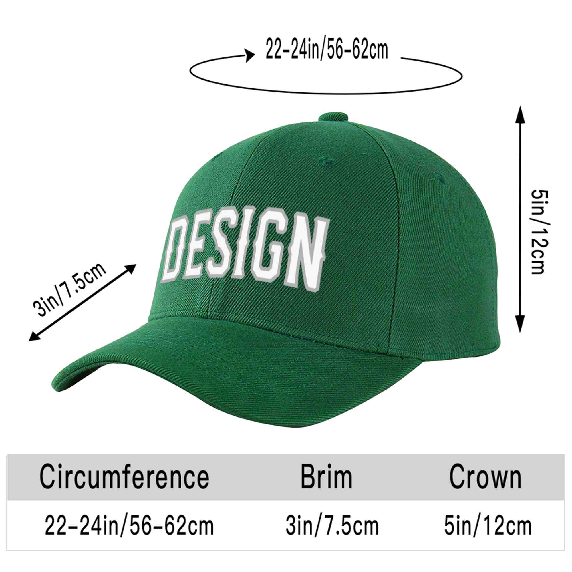 Casquette de baseball incurvée personnalisée vert blanc-gris avec avant-toit