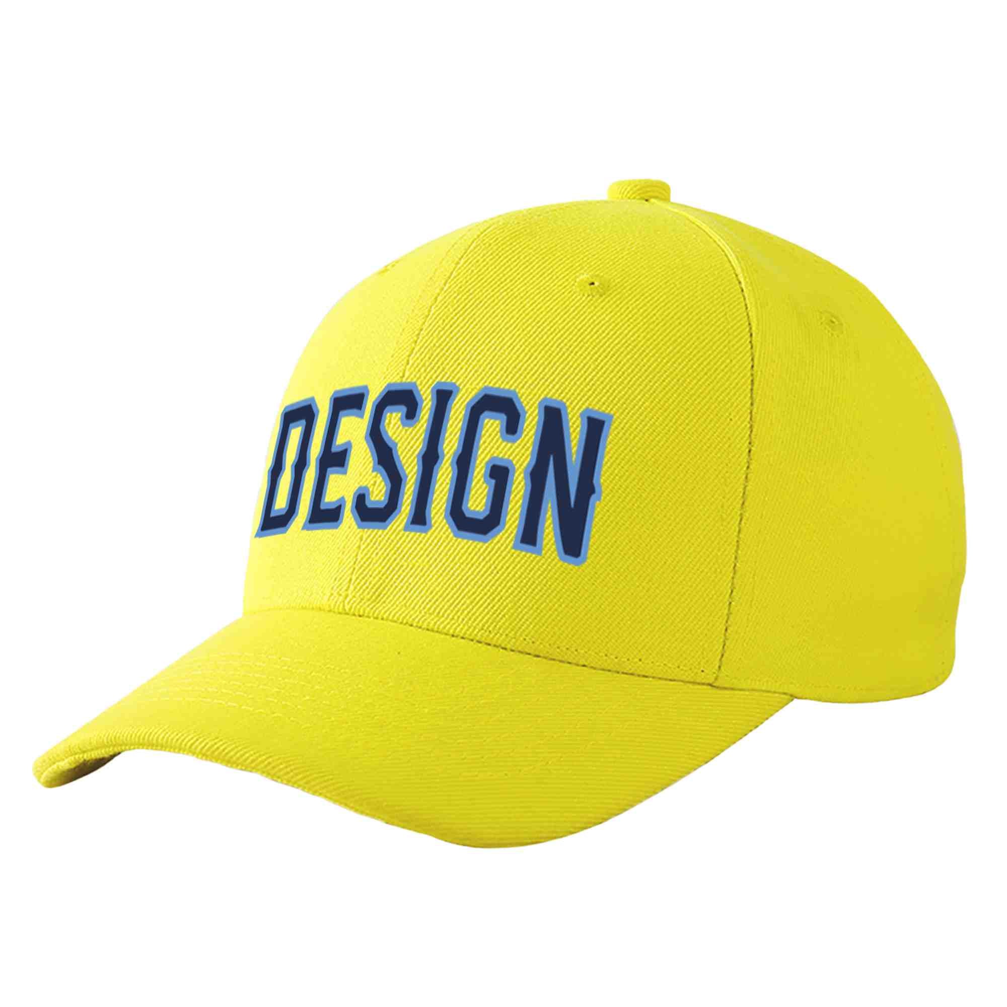 Custom Yellow Navy-Light Blue Curved Eaves Sport Design Baseball Cap