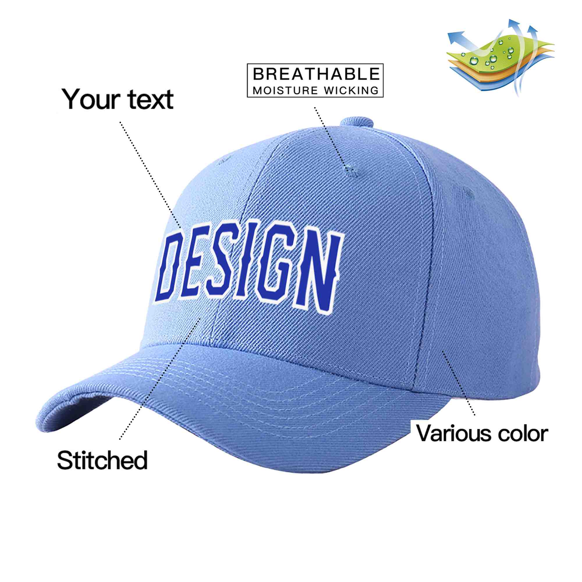 Casquette de baseball personnalisée bleu ciel Royal-blanc courbé Eaves Sport Design