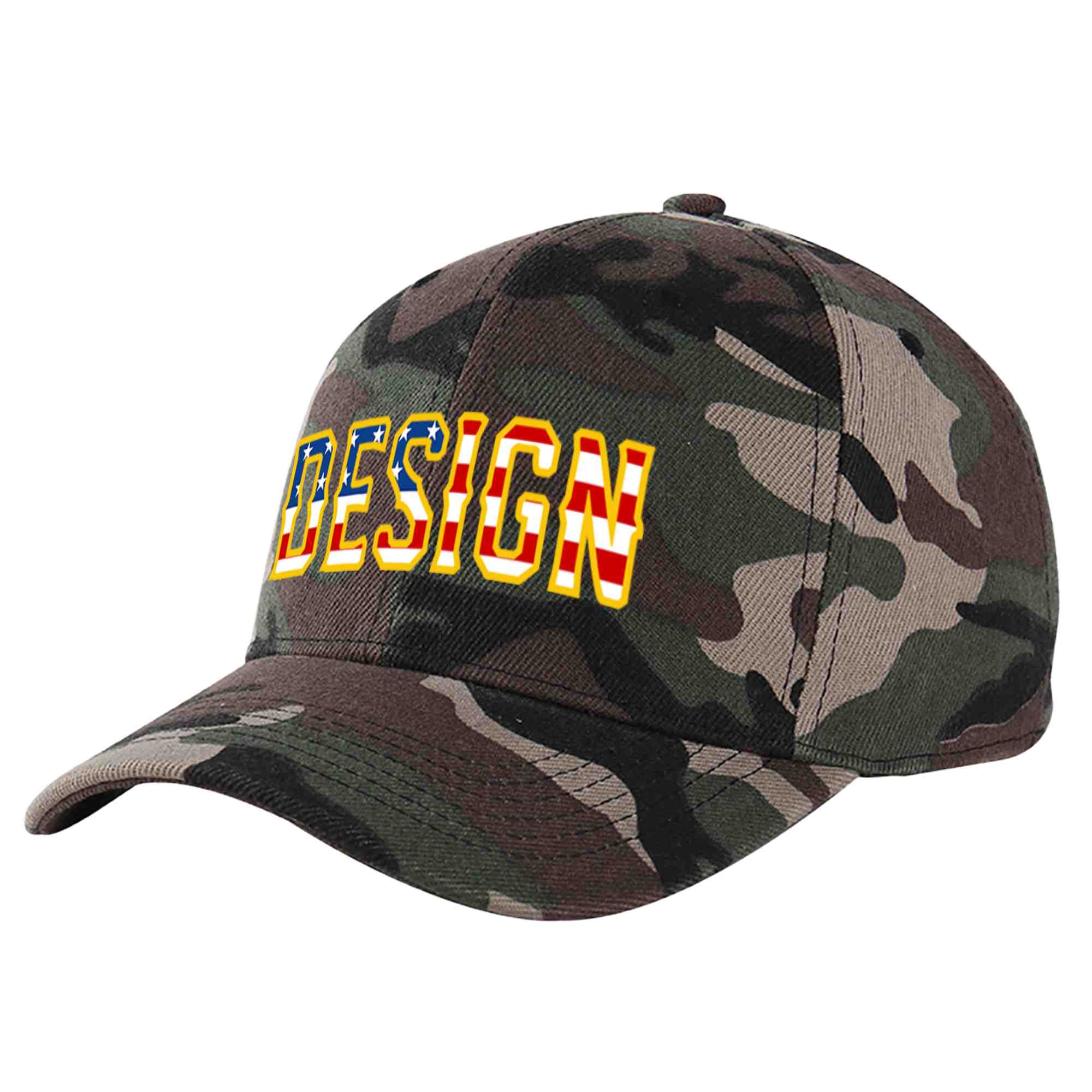 Casquette de baseball personnalisée avec motif camouflage vintage, drapeau américain, avant-toit incurvé doré, design sportif