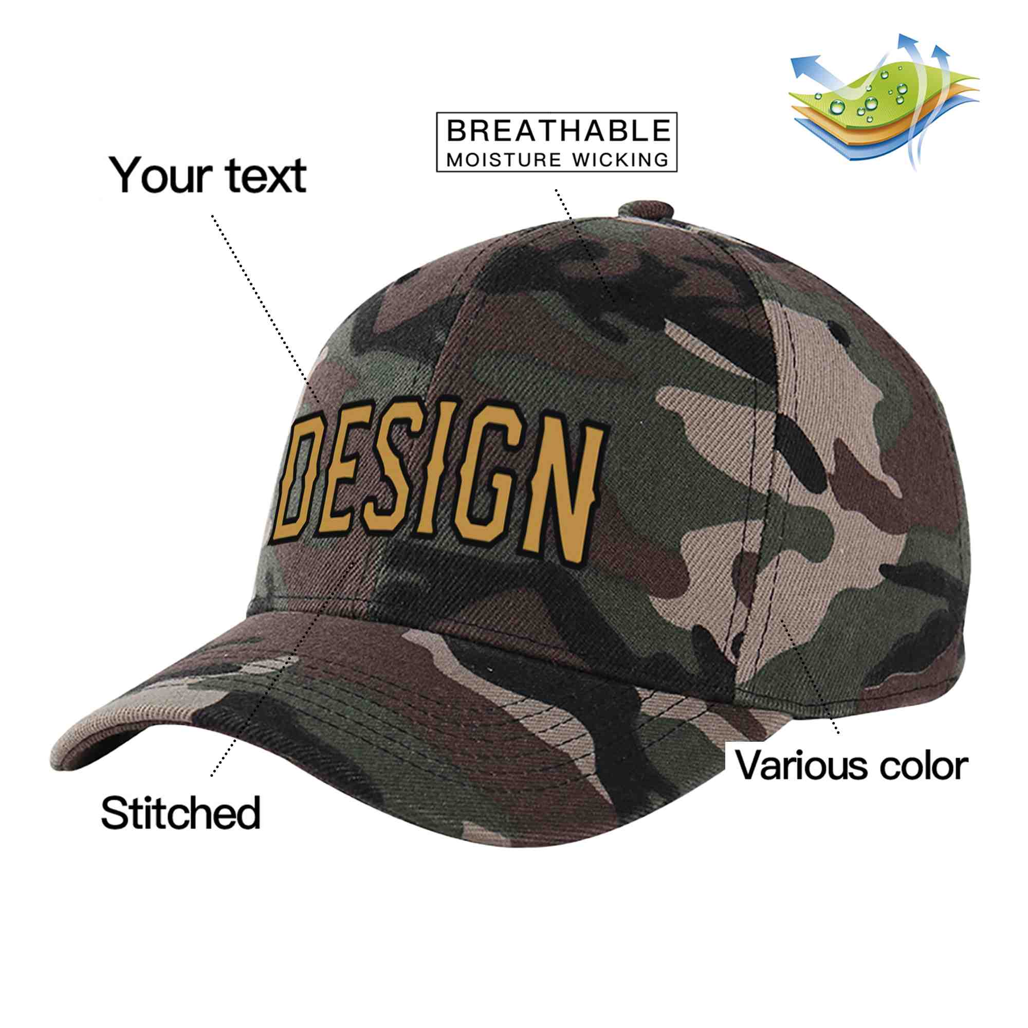 Casquette de baseball personnalisée Camo Old Gold-Black Curved Eaves Sport Design