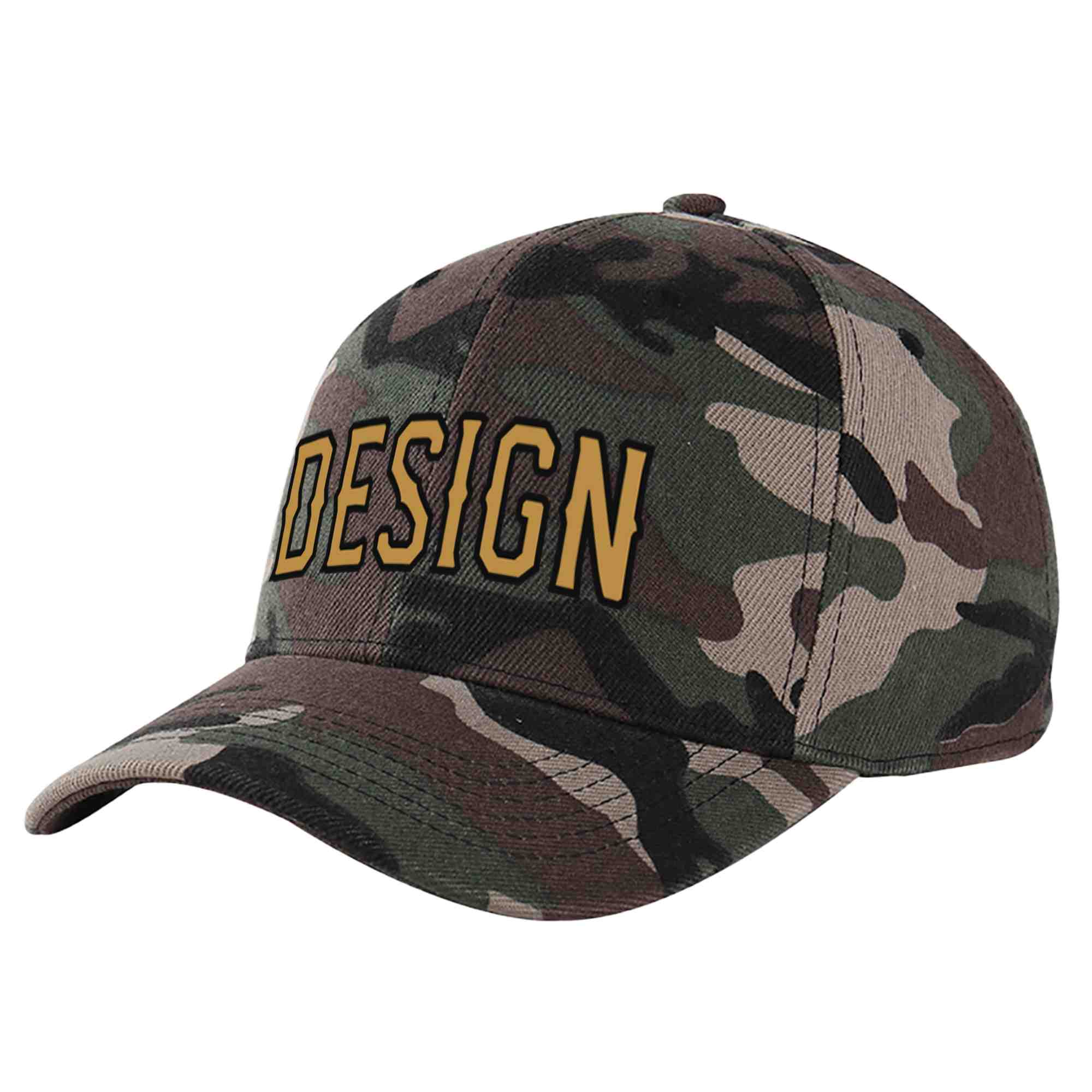 Custom Camo Old Gold-Black Curved Eaves Sport Design Baseball Cap