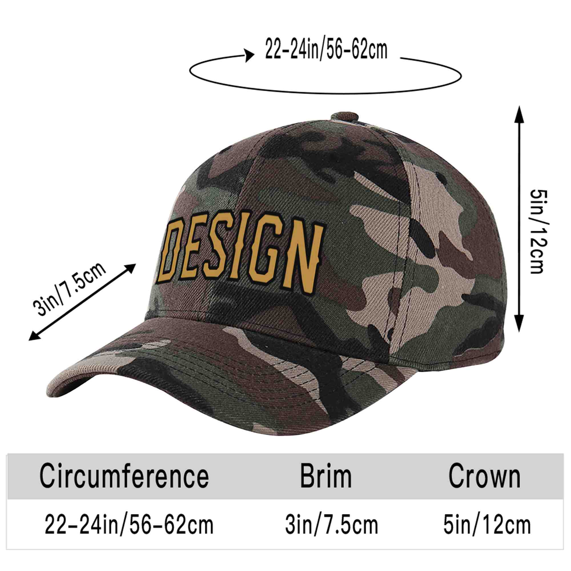 Custom Camo Old Gold-Black Curved Eaves Sport Design Baseball Cap