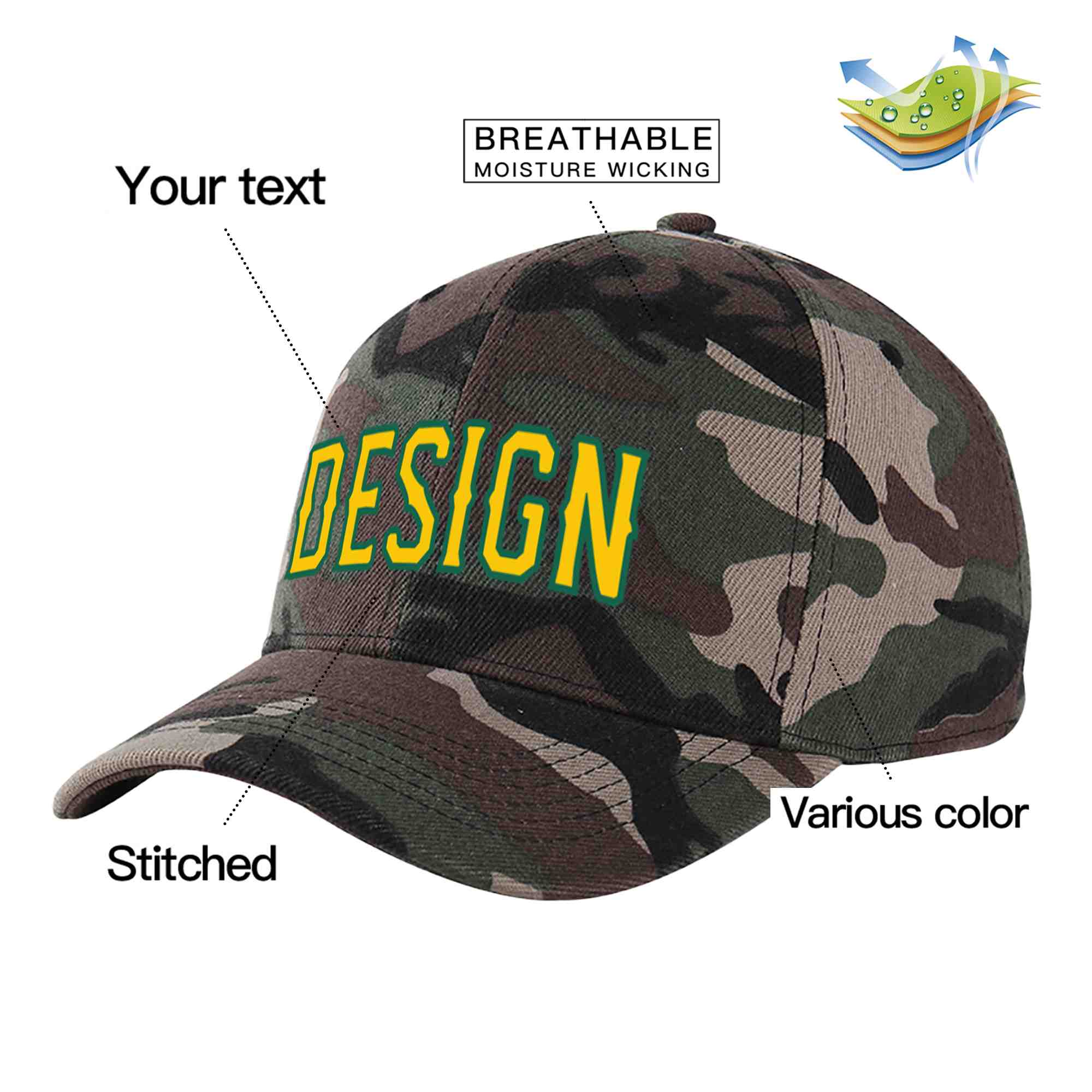 Custom Camo Gold-Kelly Green Curved Eaves Sport Design Baseball Cap