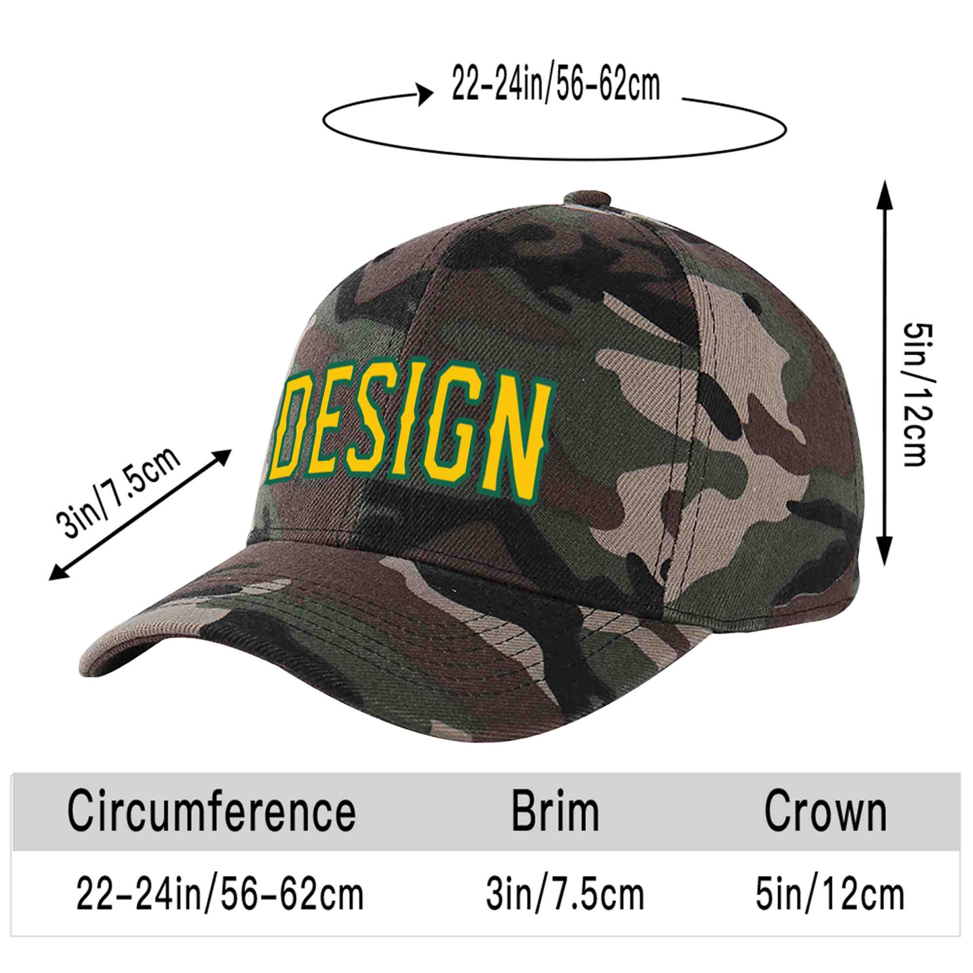 Custom Camo Gold-Kelly Green Curved Eaves Sport Design Baseball Cap