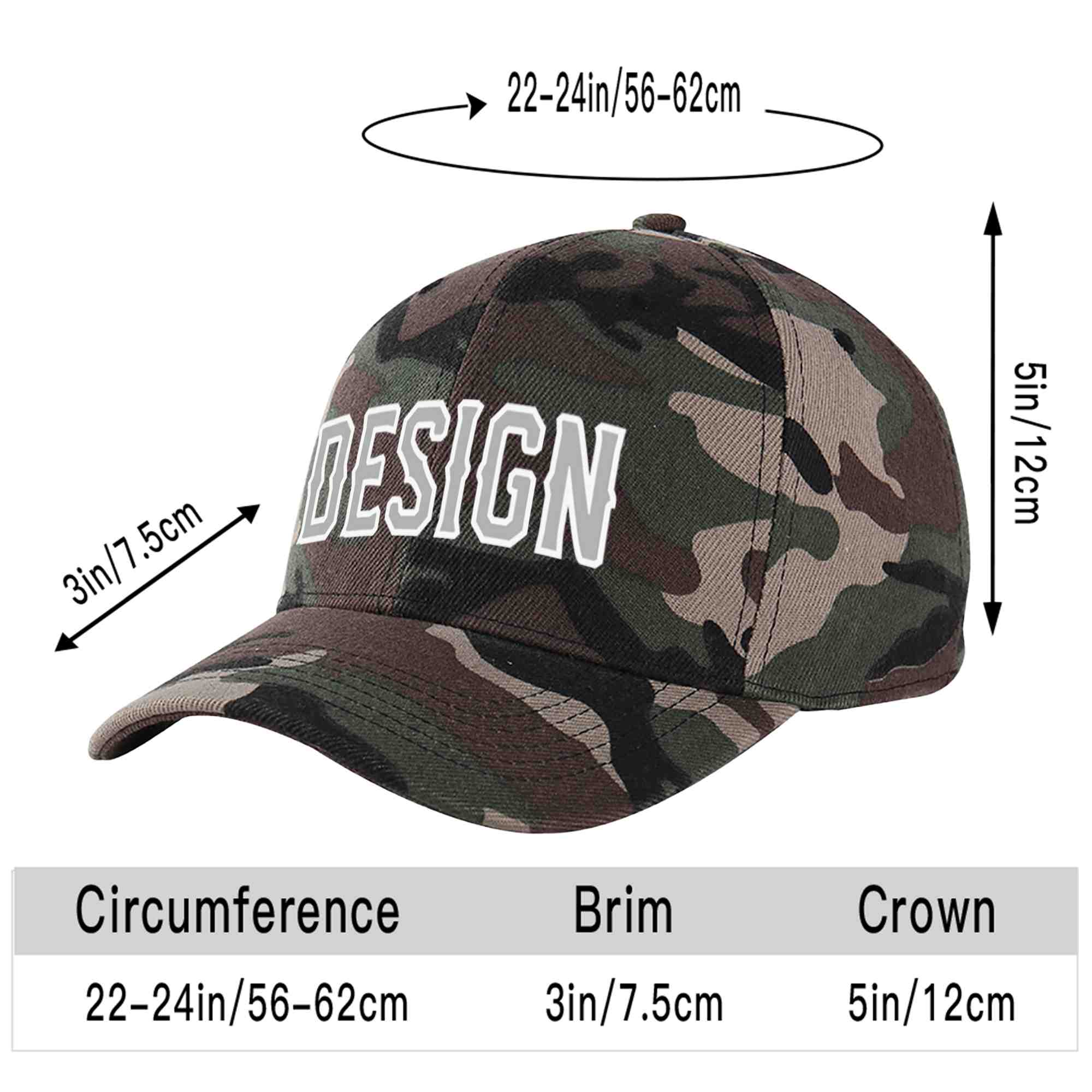 Custom Camo Gray-White Curved Eaves Sport Design Baseball Cap