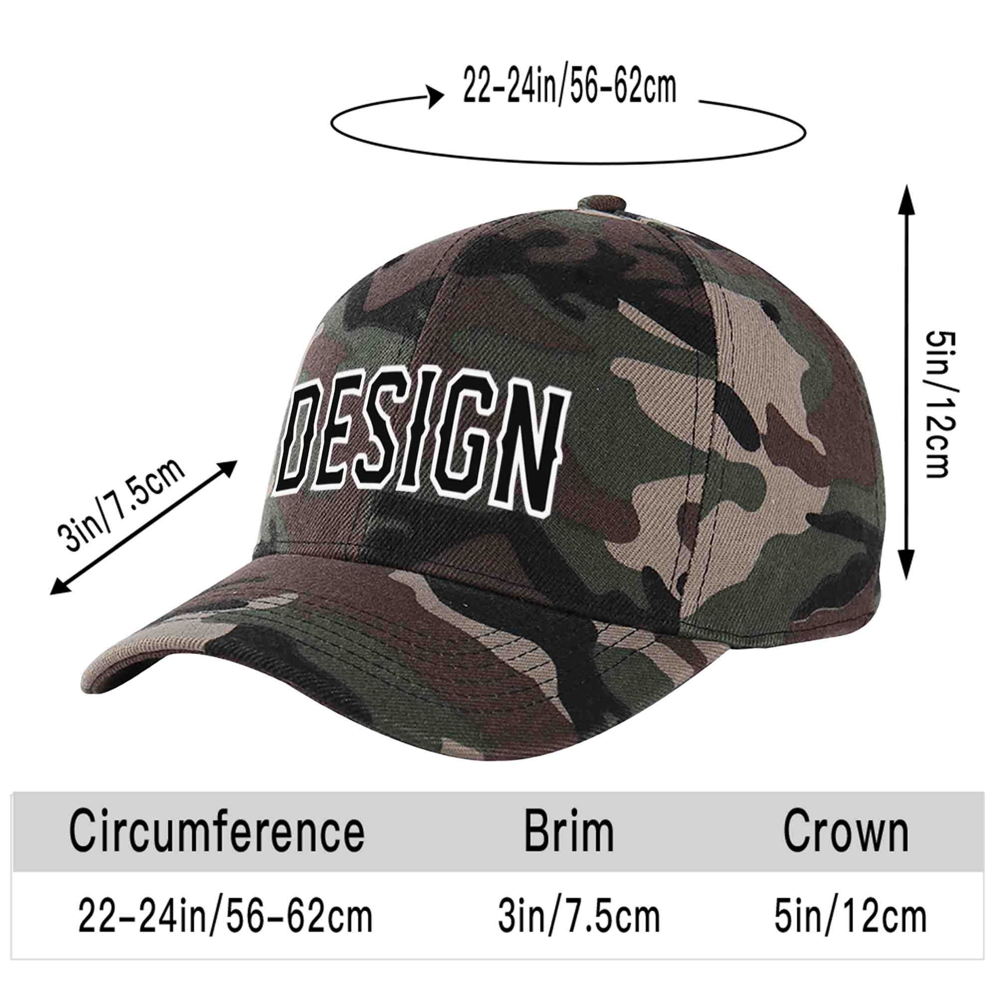 Custom Camo Black-White Curved Eaves Sport Design Baseball Cap