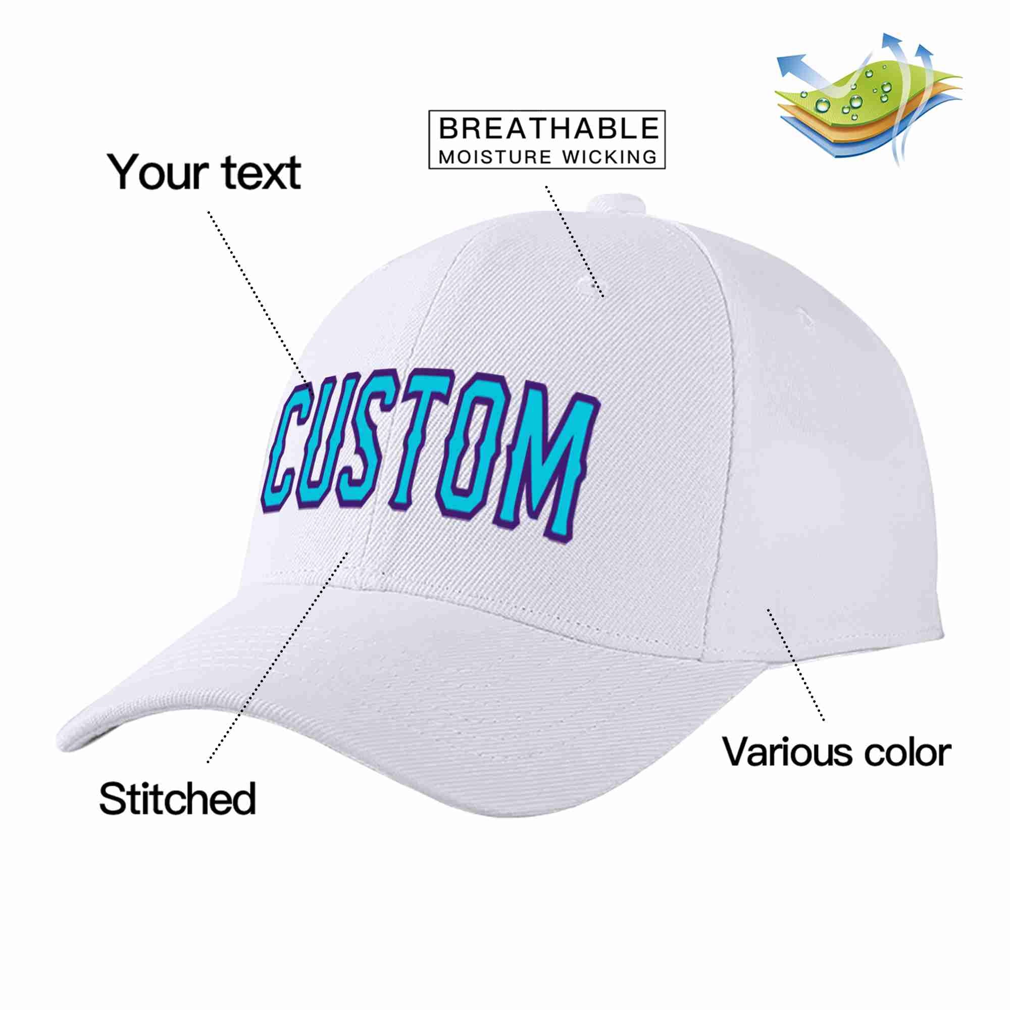 Custom White Light Blue-Purple Curved Eaves Sport Baseball Cap Design for Men/Women/Youth