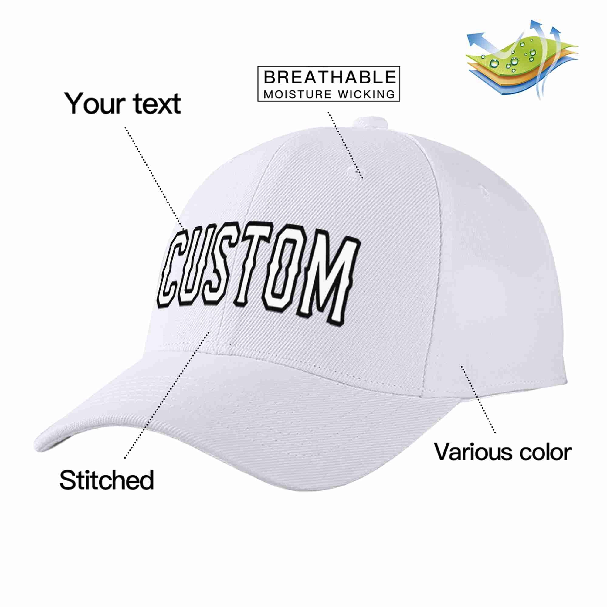 Conception personnalisée de casquette de baseball de sport incurvée blanc-noir blanc pour hommes/femmes/jeunes