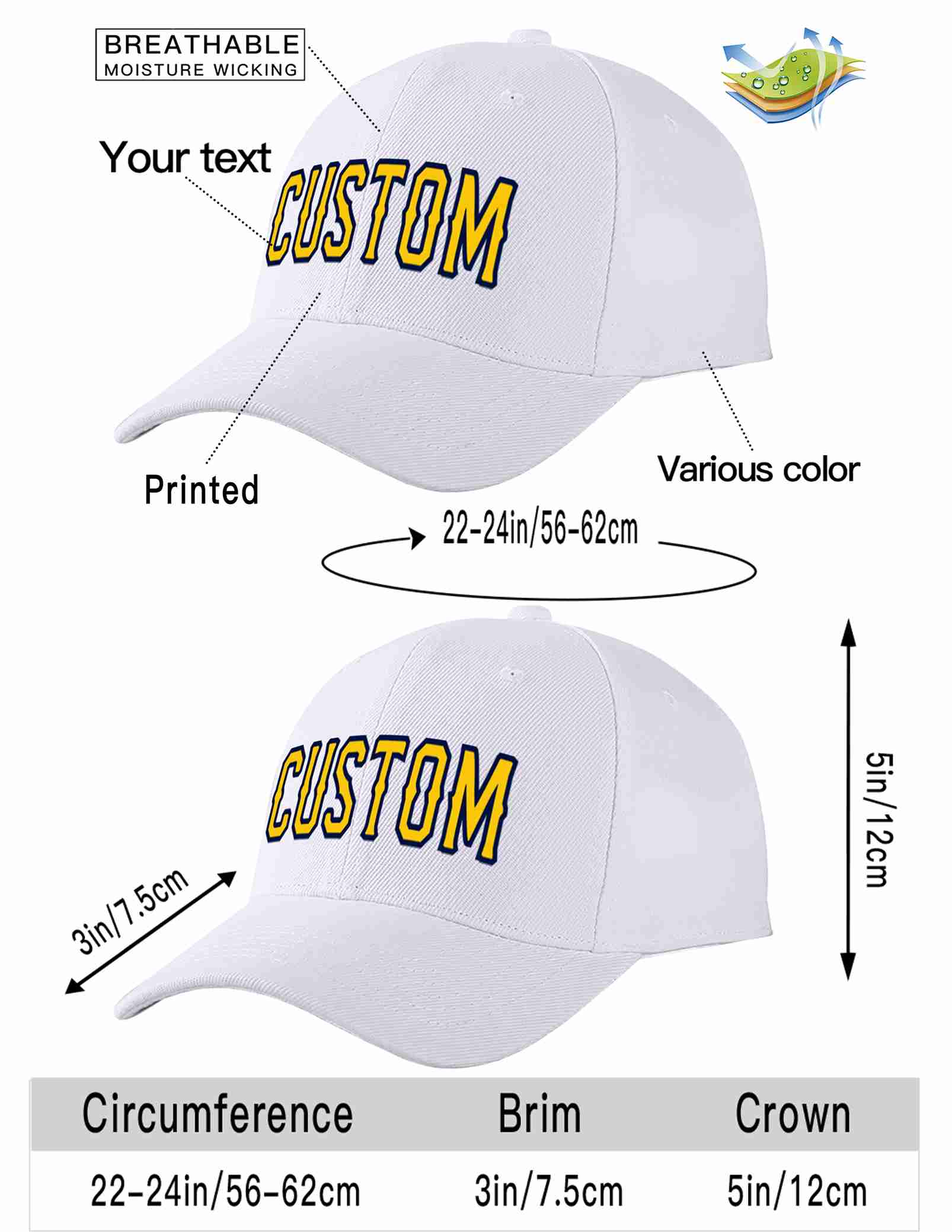 Conception personnalisée de casquette de baseball de sport incurvée blanc jaune-marine pour hommes/femmes/jeunes