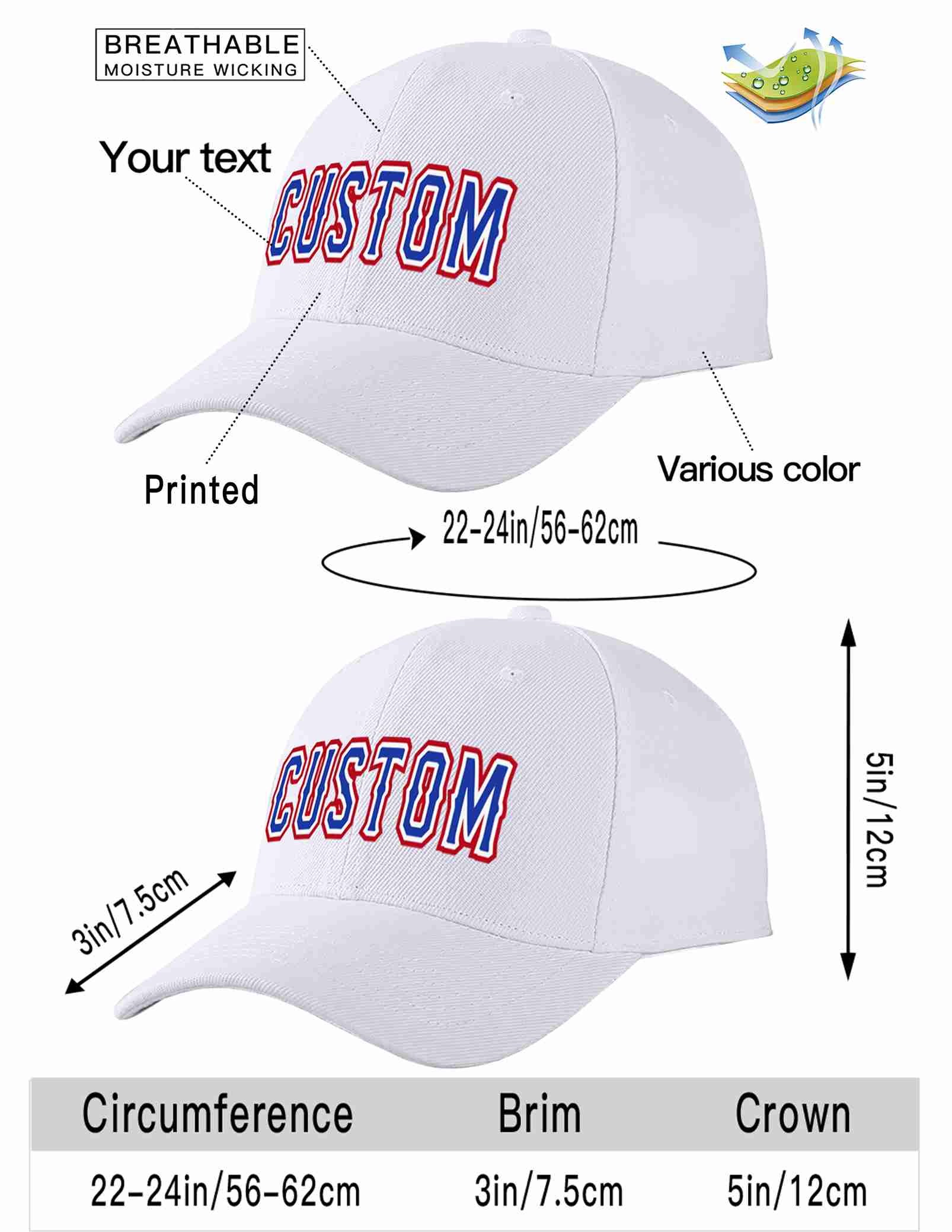 Custom White Royal-White Curved Eaves Sport Baseball Cap Design for Men/Women/Youth