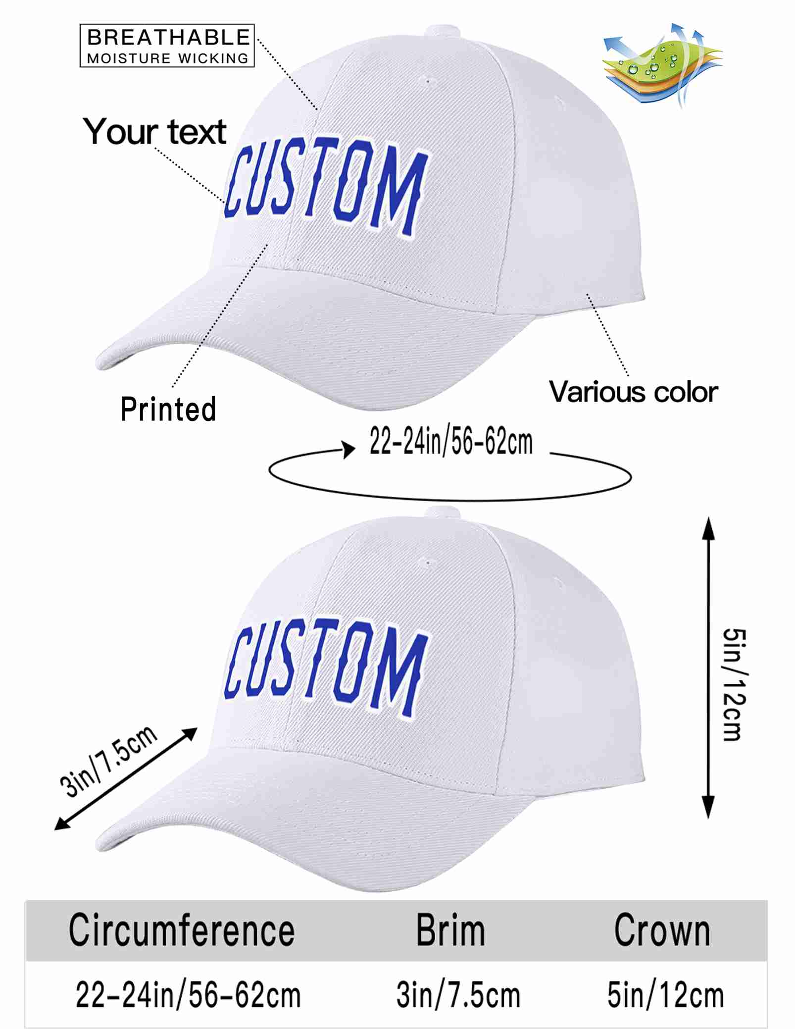 Custom White Royal-White Curved Eaves Sport Baseball Cap Design for Men/Women/Youth